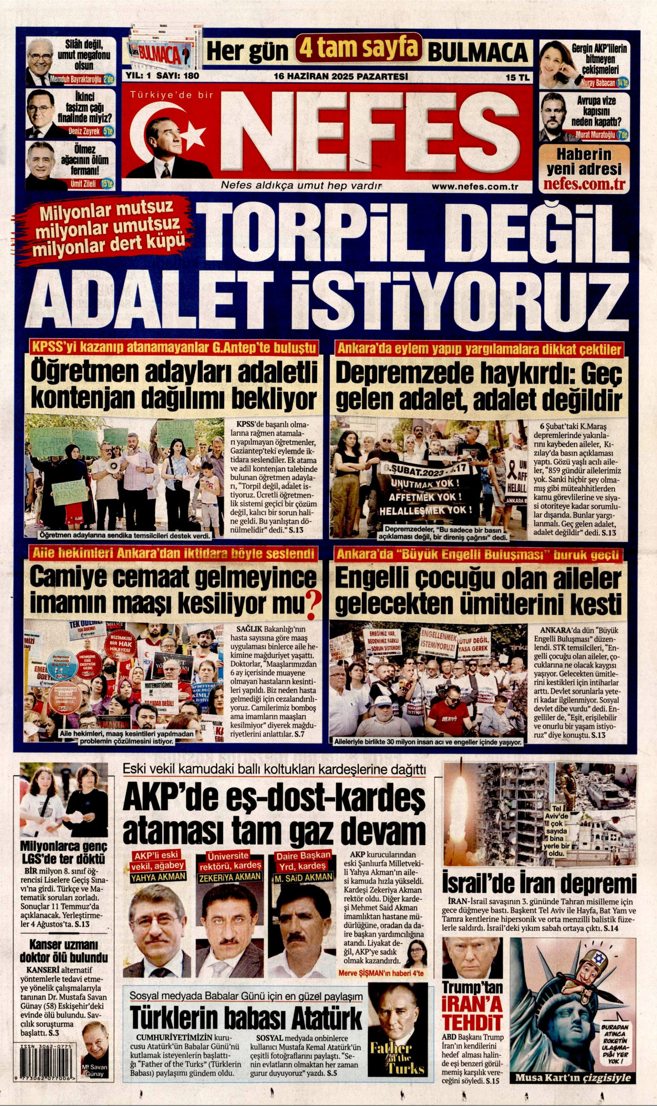 NEFES gazetesinin 16 Haziran 2025 tarihli birinci sayfası