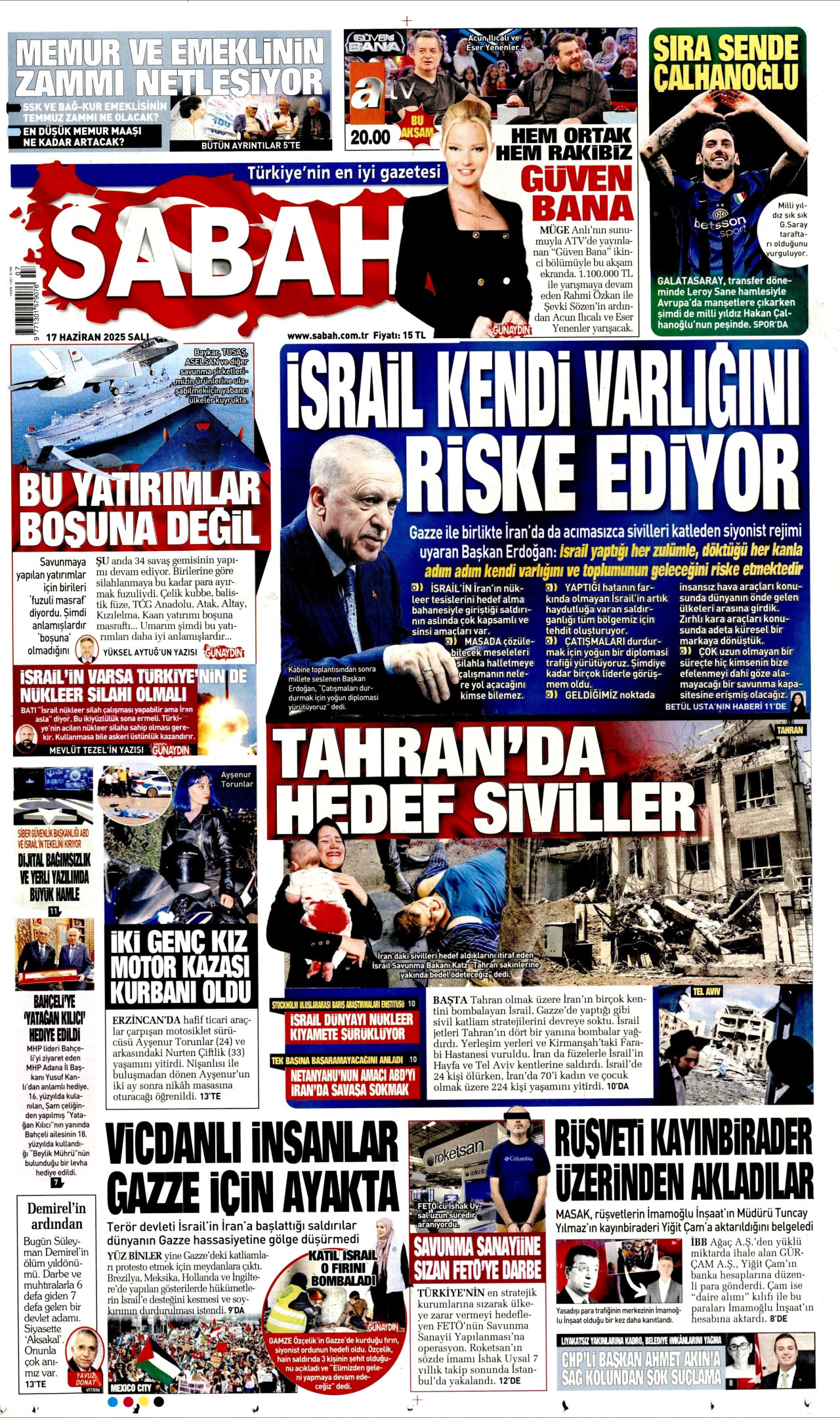 SABAH gazetesinin 17 Haziran 2025 tarihli birinci sayfası