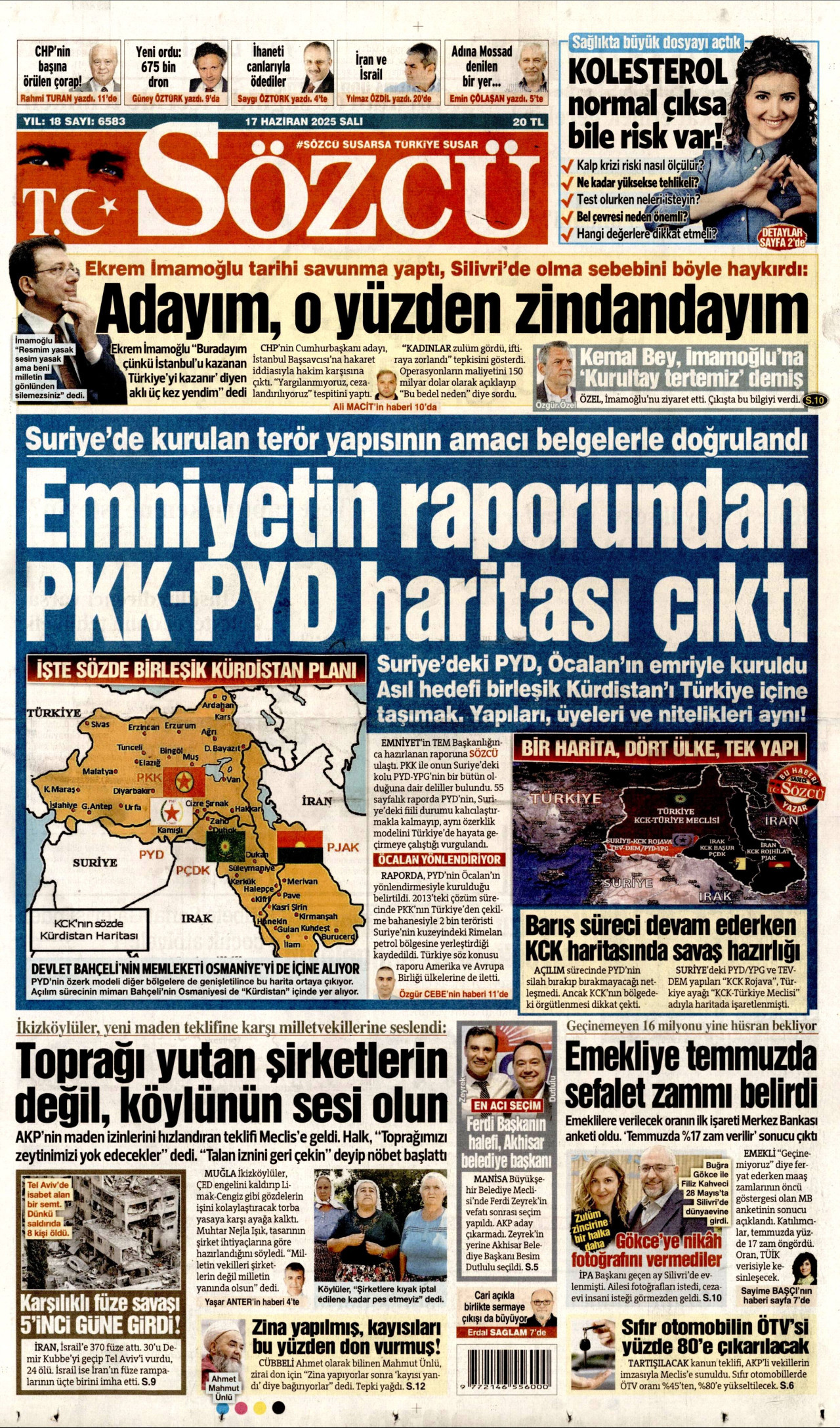SÖZCÜ gazetesinin 17 Haziran 2025 tarihli birinci sayfası