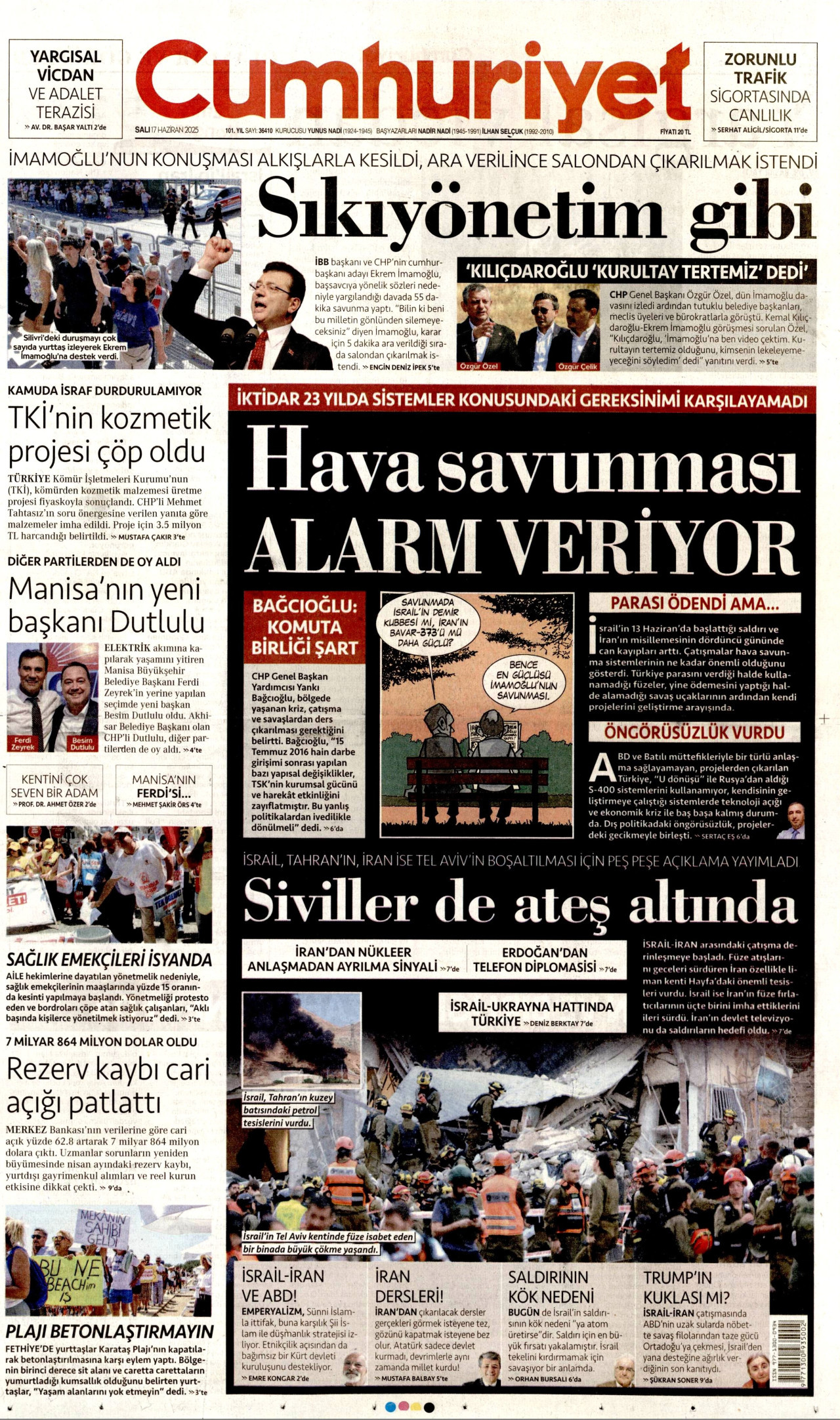 CUMHURİYET gazetesinin 17 Haziran 2025 tarihli birinci sayfası