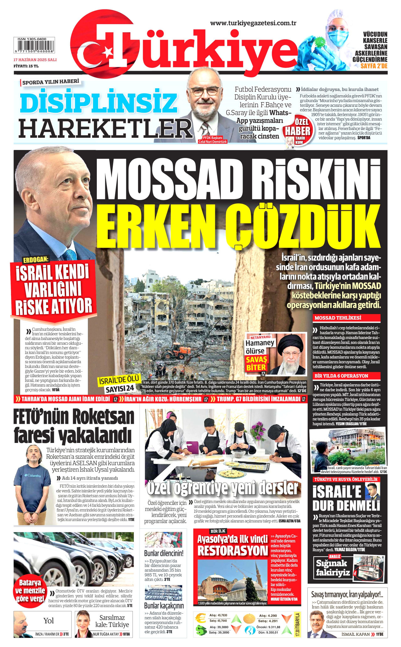 TÜRKİYE GAZETESİ gazetesinin 17 Haziran 2025 tarihli birinci sayfası