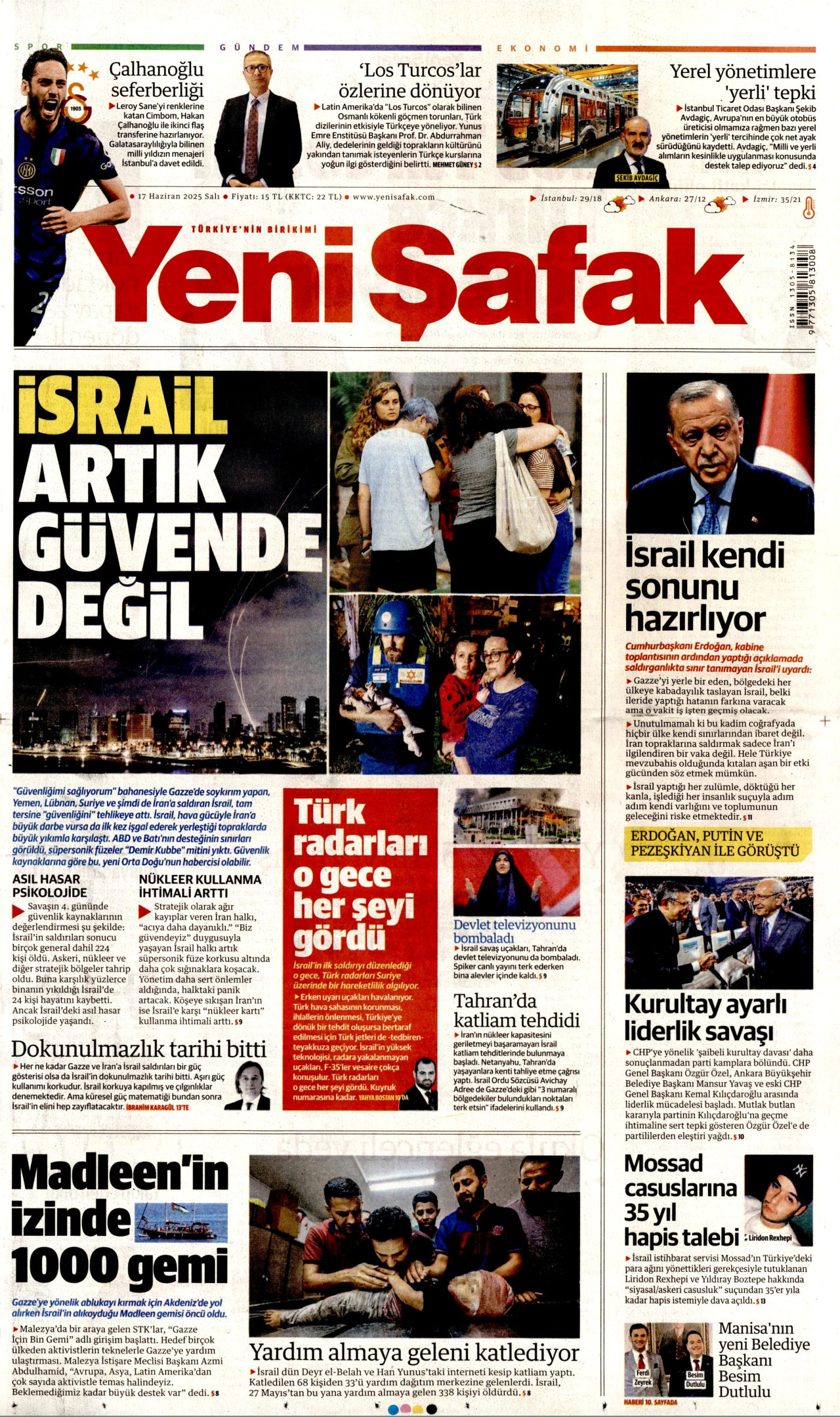 YENİ ŞAFAK gazetesinin 17 Haziran 2025 tarihli birinci sayfası