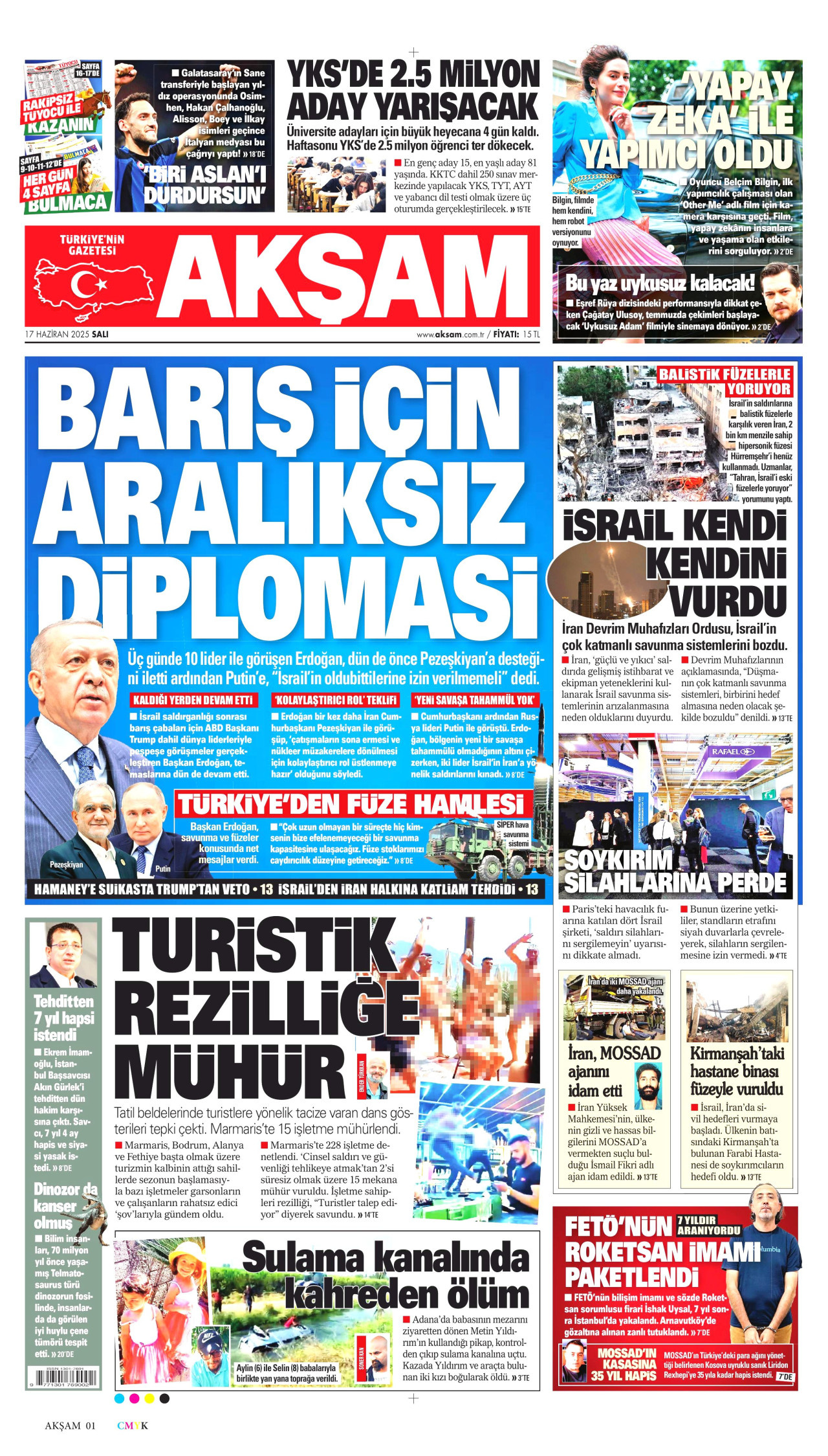 AKŞAM gazetesinin 17 Haziran 2025 tarihli birinci sayfası