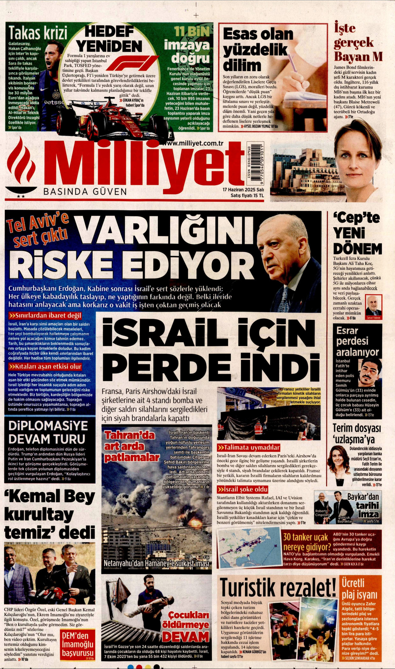MİLLİYET gazetesinin 17 Haziran 2025 tarihli birinci sayfası
