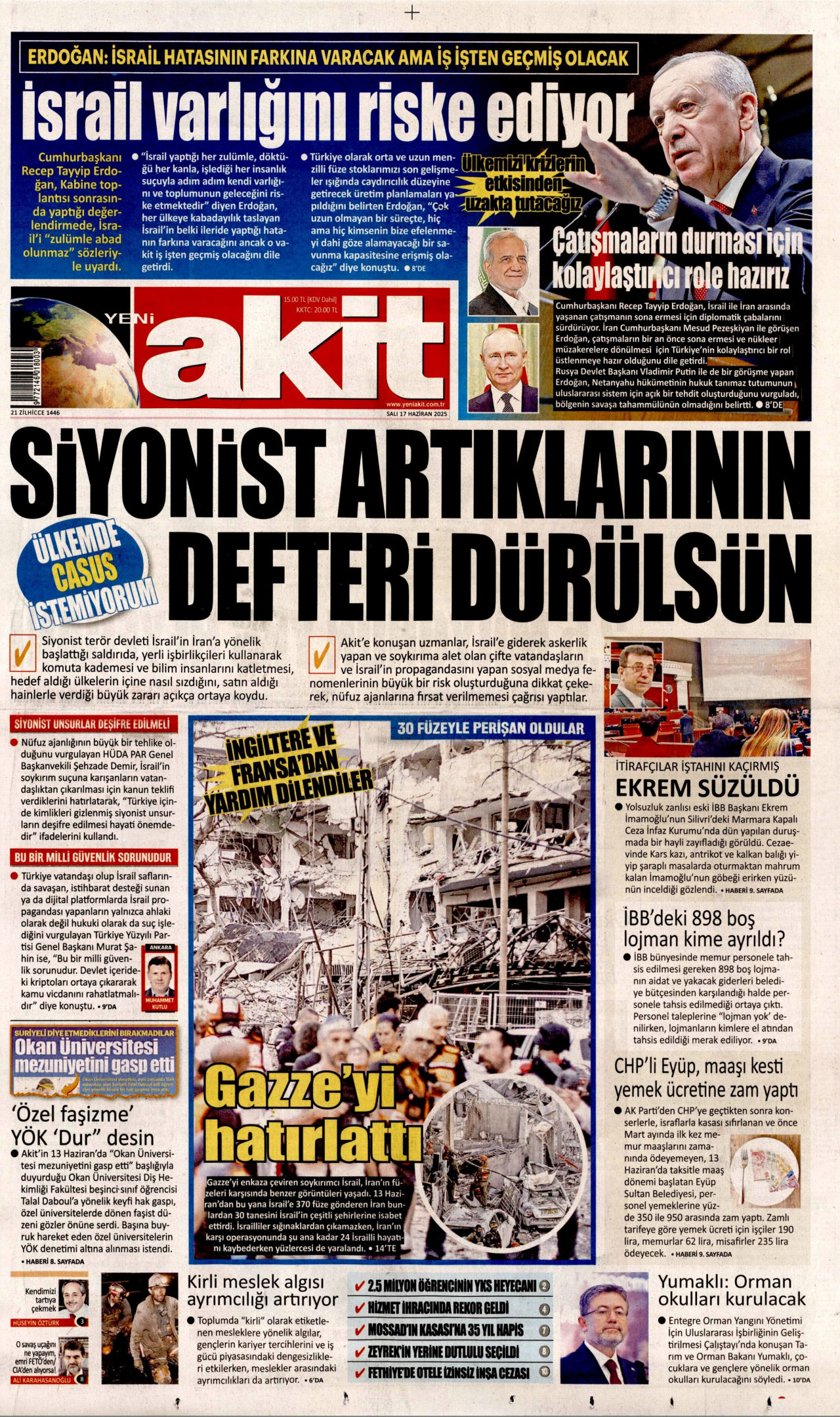 YENİ AKİT gazetesinin 17 Haziran 2025 tarihli birinci sayfası