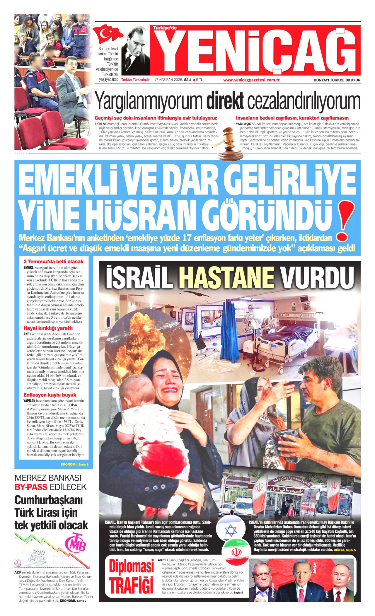 YENİÇAĞ gazetesinin 17 Haziran 2025 tarihli birinci sayfası