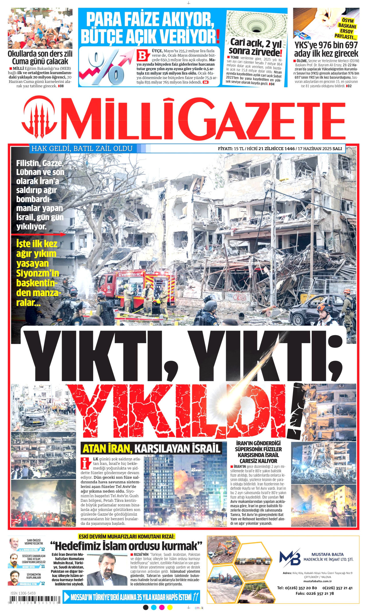 MİLLİ GAZETE gazetesinin 17 Haziran 2025 tarihli birinci sayfası