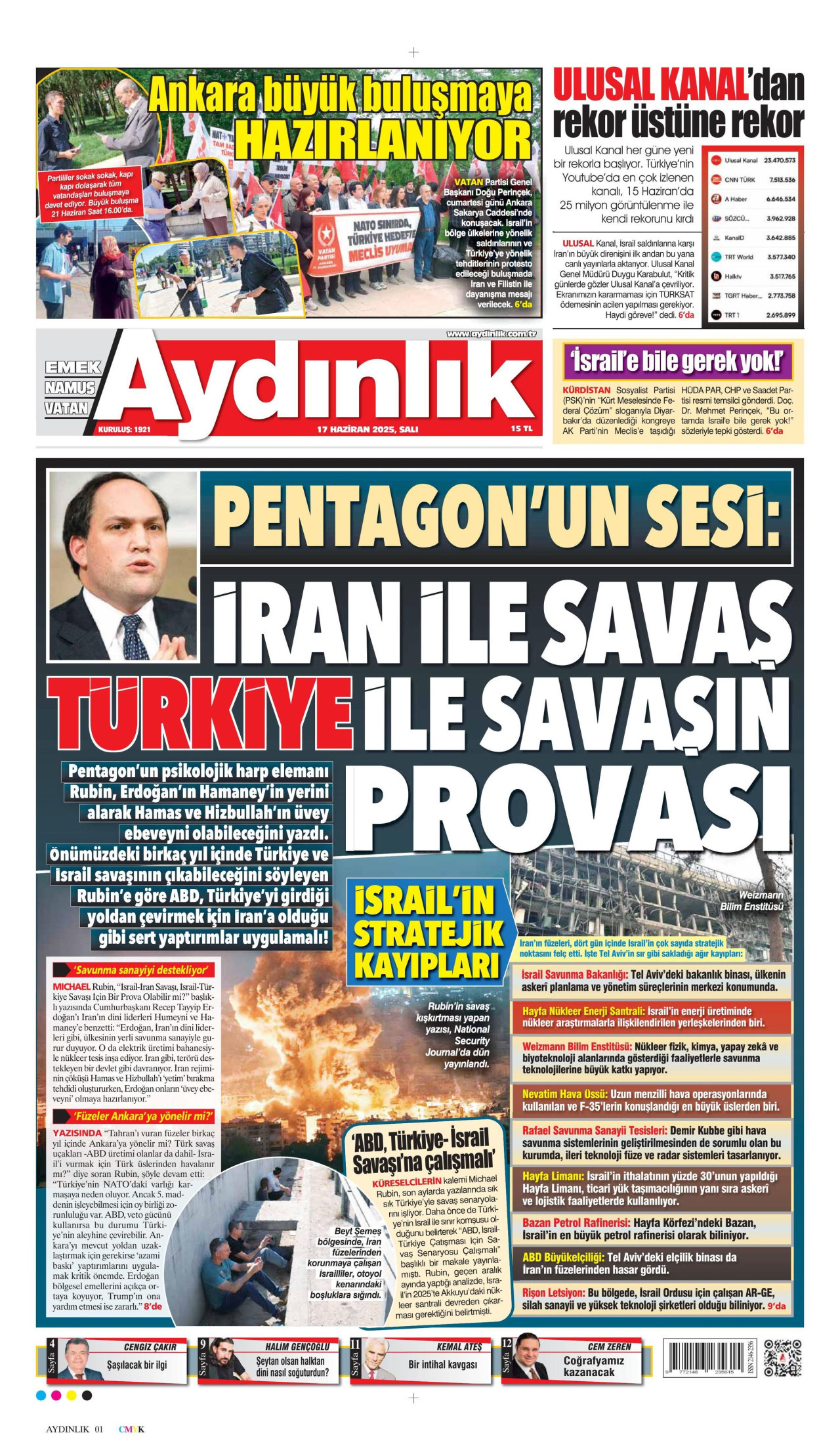 AYDINLIK GAZETESİ gazetesinin 17 Haziran 2025 tarihli birinci sayfası