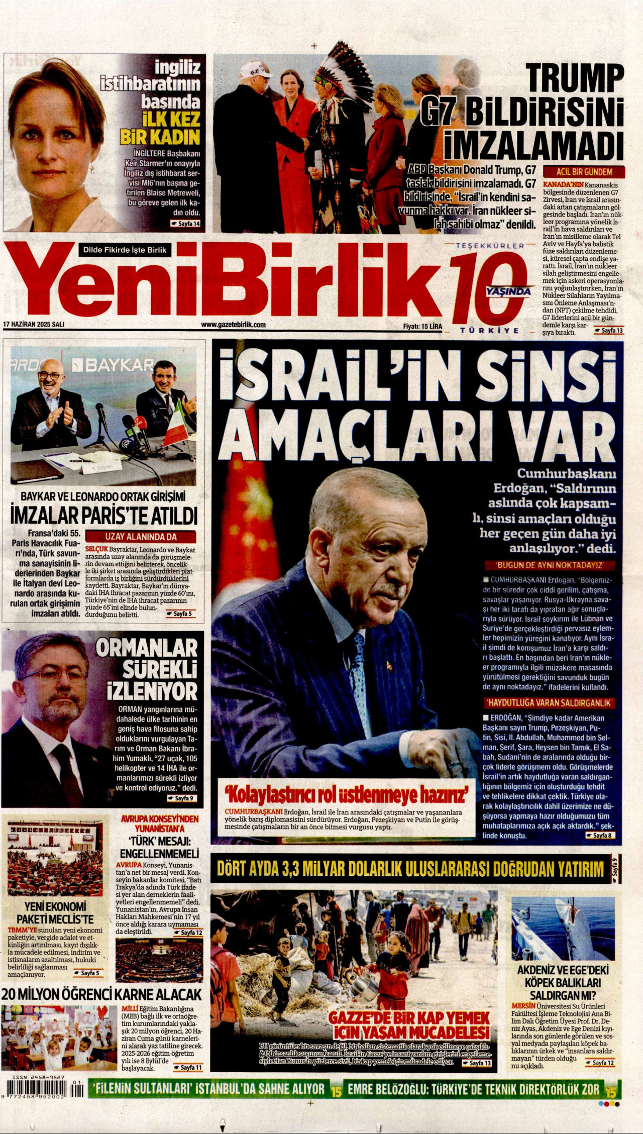 YENİBİRLİK gazetesinin 17 Haziran 2025 tarihli birinci sayfası