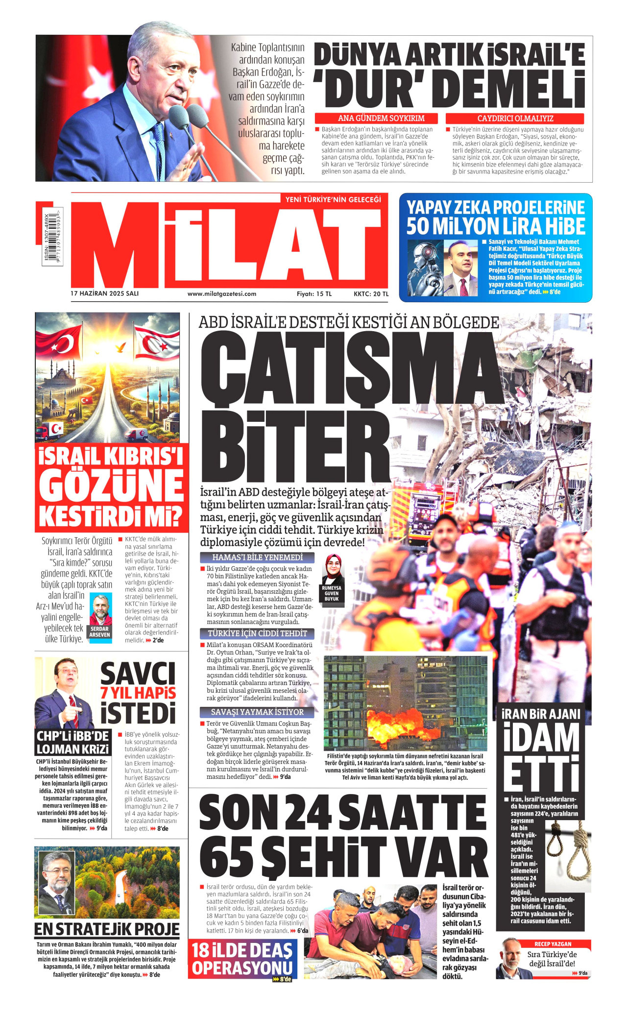 MİLAT gazetesinin 17 Haziran 2025 tarihli birinci sayfası