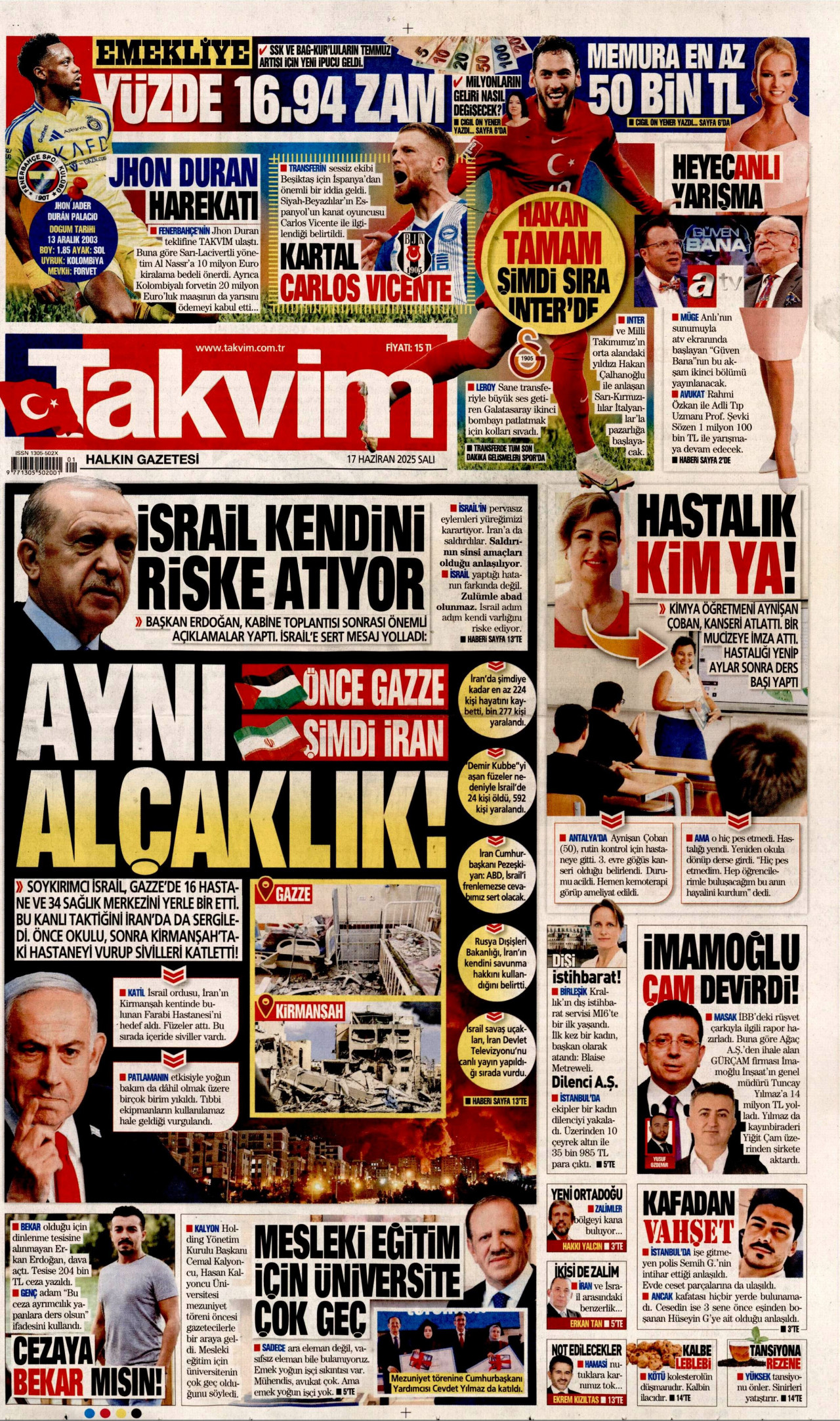 TAKVİM gazetesinin 17 Haziran 2025 tarihli birinci sayfası