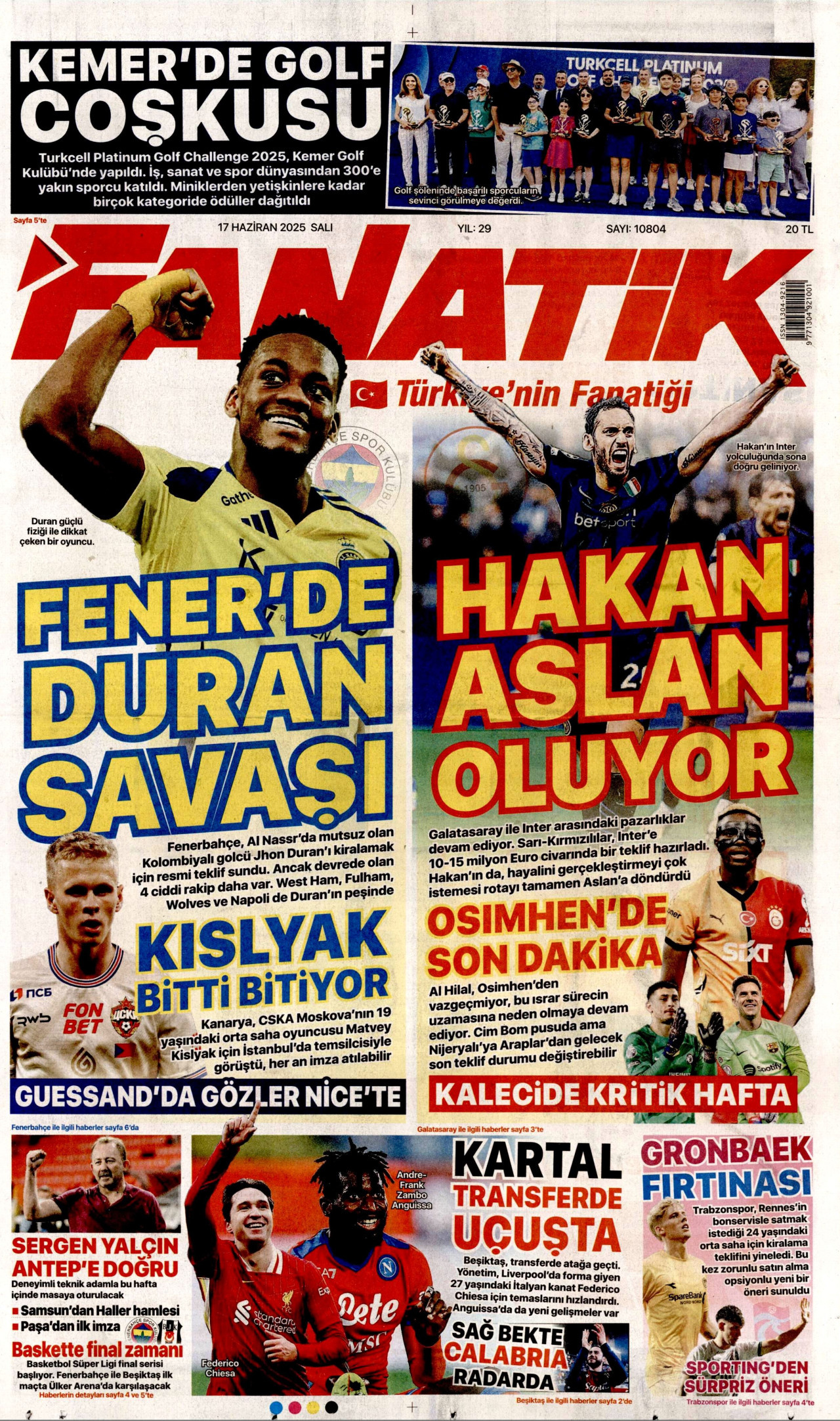 FANATİK gazetesinin 17 Haziran 2025 tarihli birinci sayfası