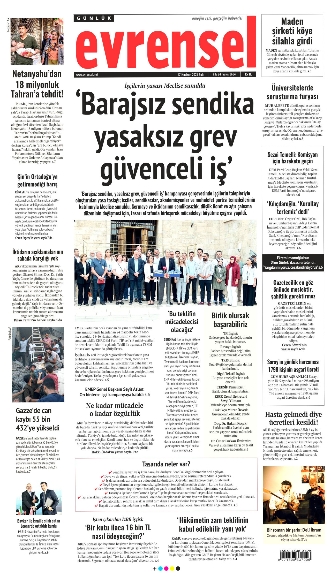 EVRENSEL gazetesinin 17 Haziran 2025 tarihli birinci sayfası