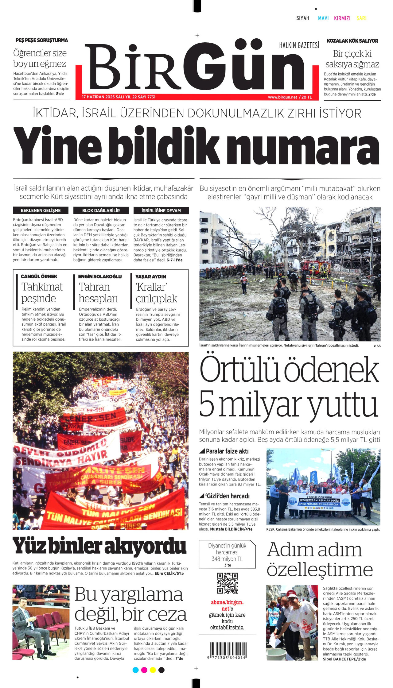 BİRGÜN gazetesinin 17 Haziran 2025 tarihli birinci sayfası