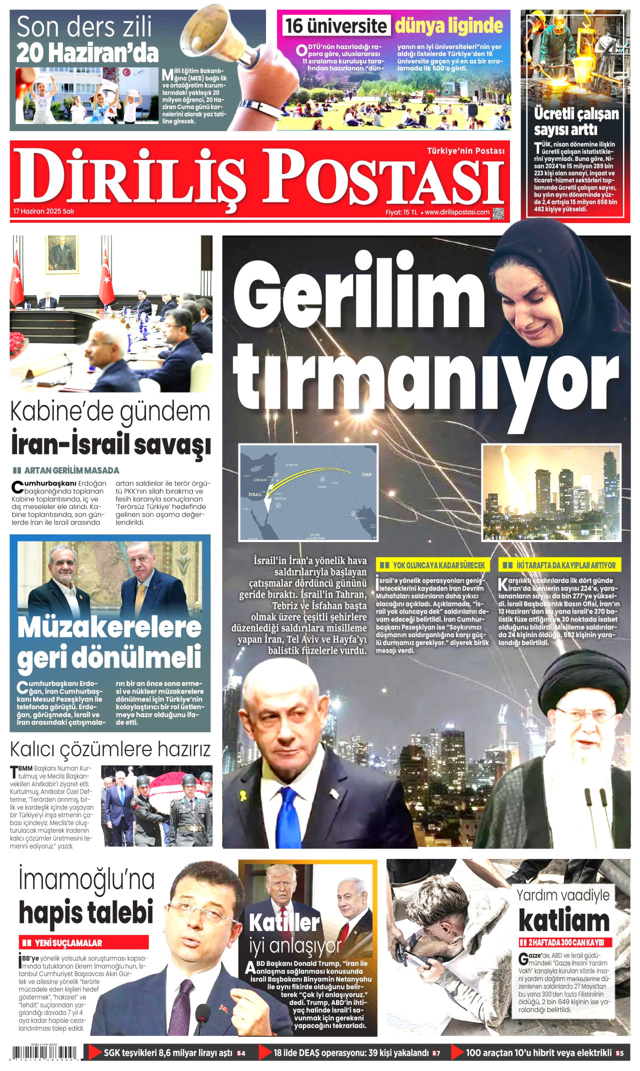 DİRİLİŞ POSTASI gazetesinin 17 Haziran 2025 tarihli birinci sayfası