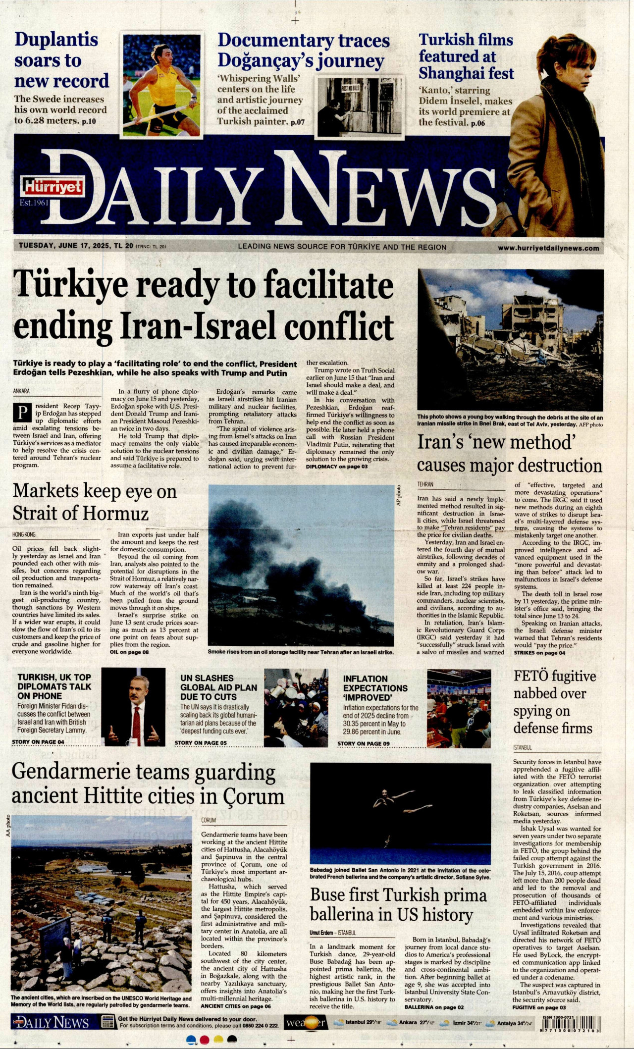 HÜRRİYET DAİLY NEWS gazetesinin 17 Haziran 2025 tarihli birinci sayfası