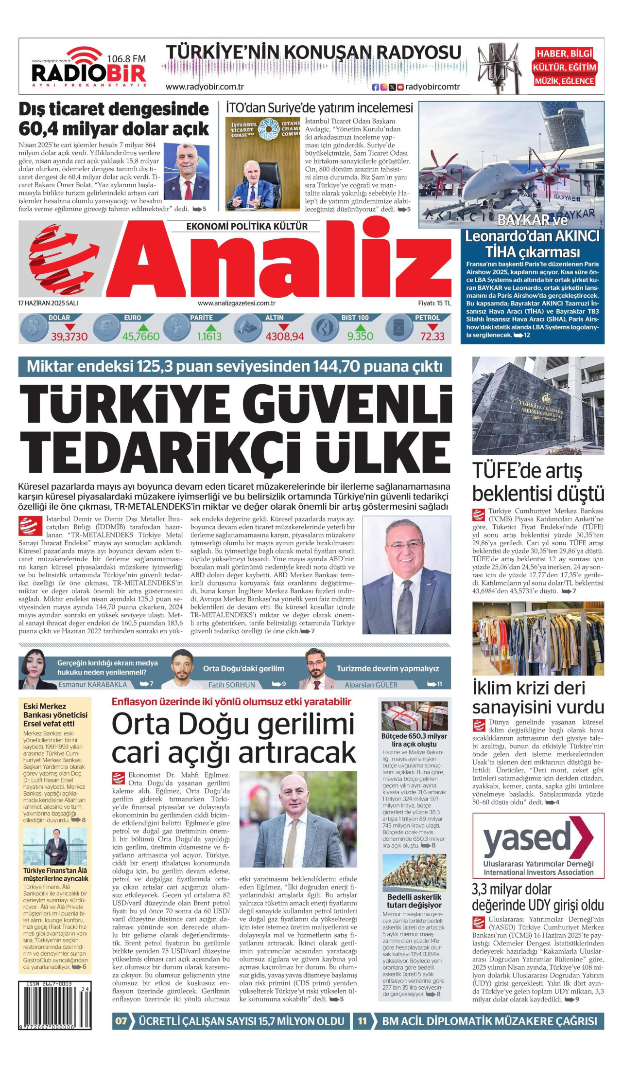 ANALİZ gazetesinin 17 Haziran 2025 tarihli birinci sayfası