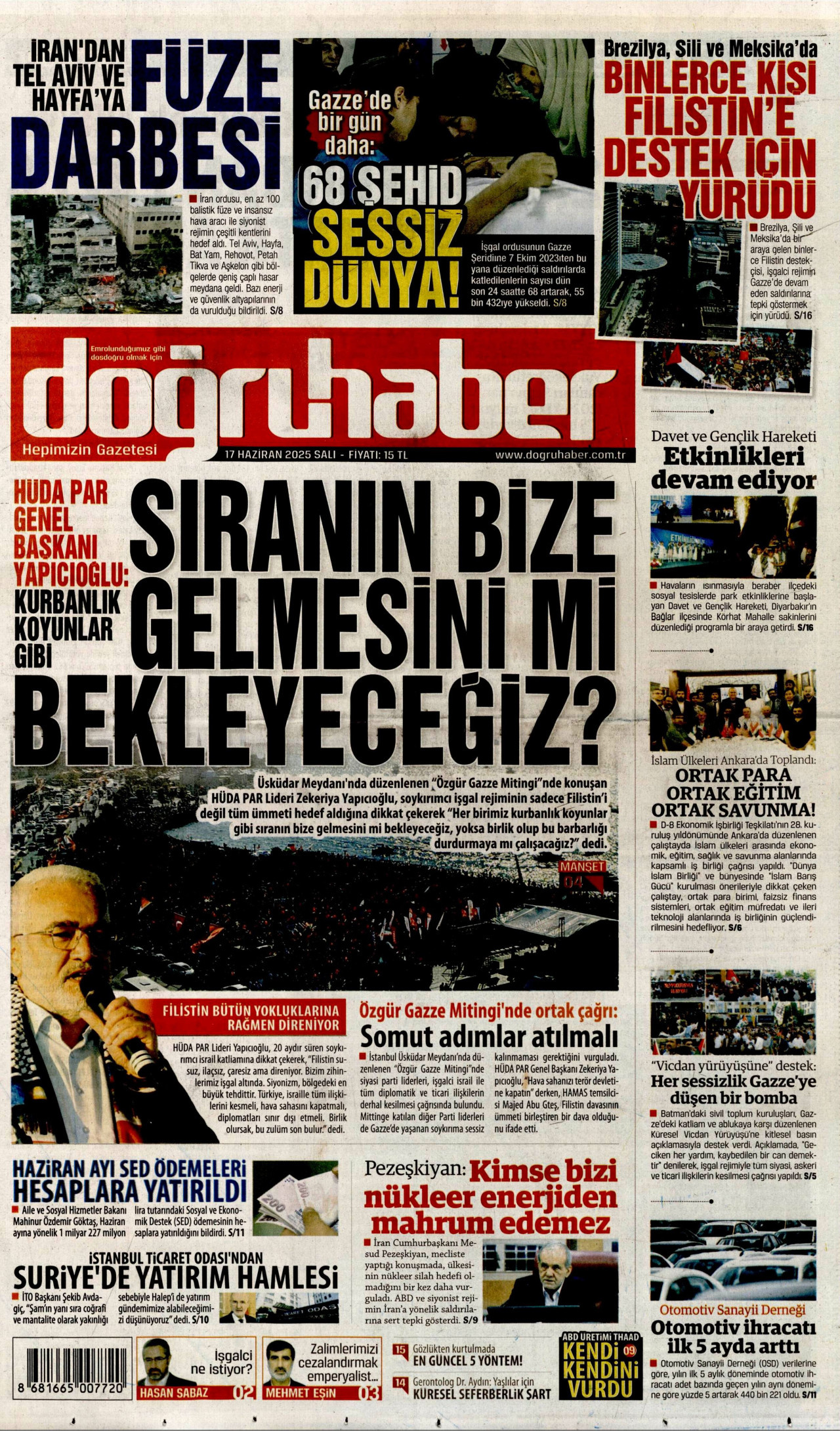 DOĞRU HABER gazetesinin 17 Haziran 2025 tarihli birinci sayfası