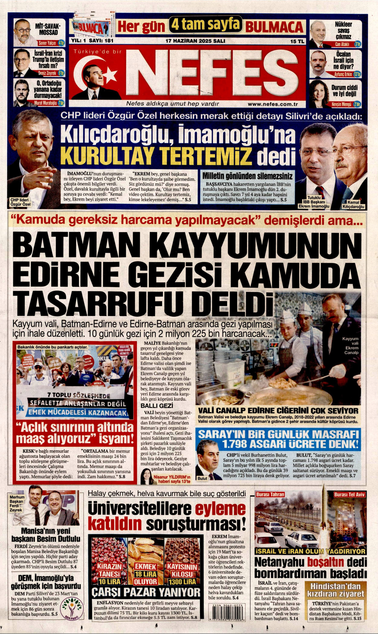 NEFES gazetesinin 17 Haziran 2025 tarihli birinci sayfası