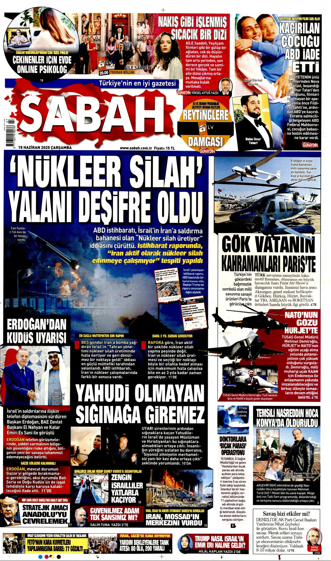 SABAH gazetesinin 18 Haziran 2025 tarihli birinci sayfası