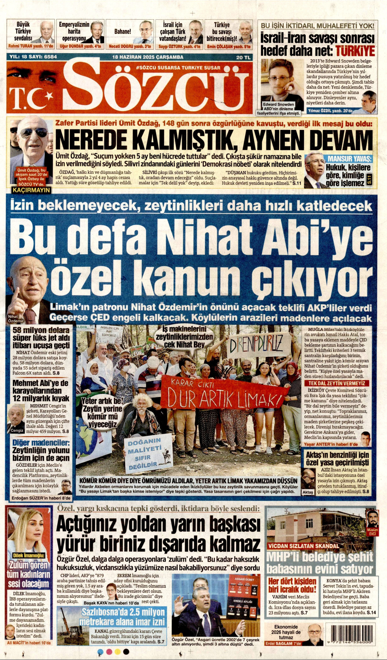 SÖZCÜ gazetesinin 18 Haziran 2025 tarihli birinci sayfası