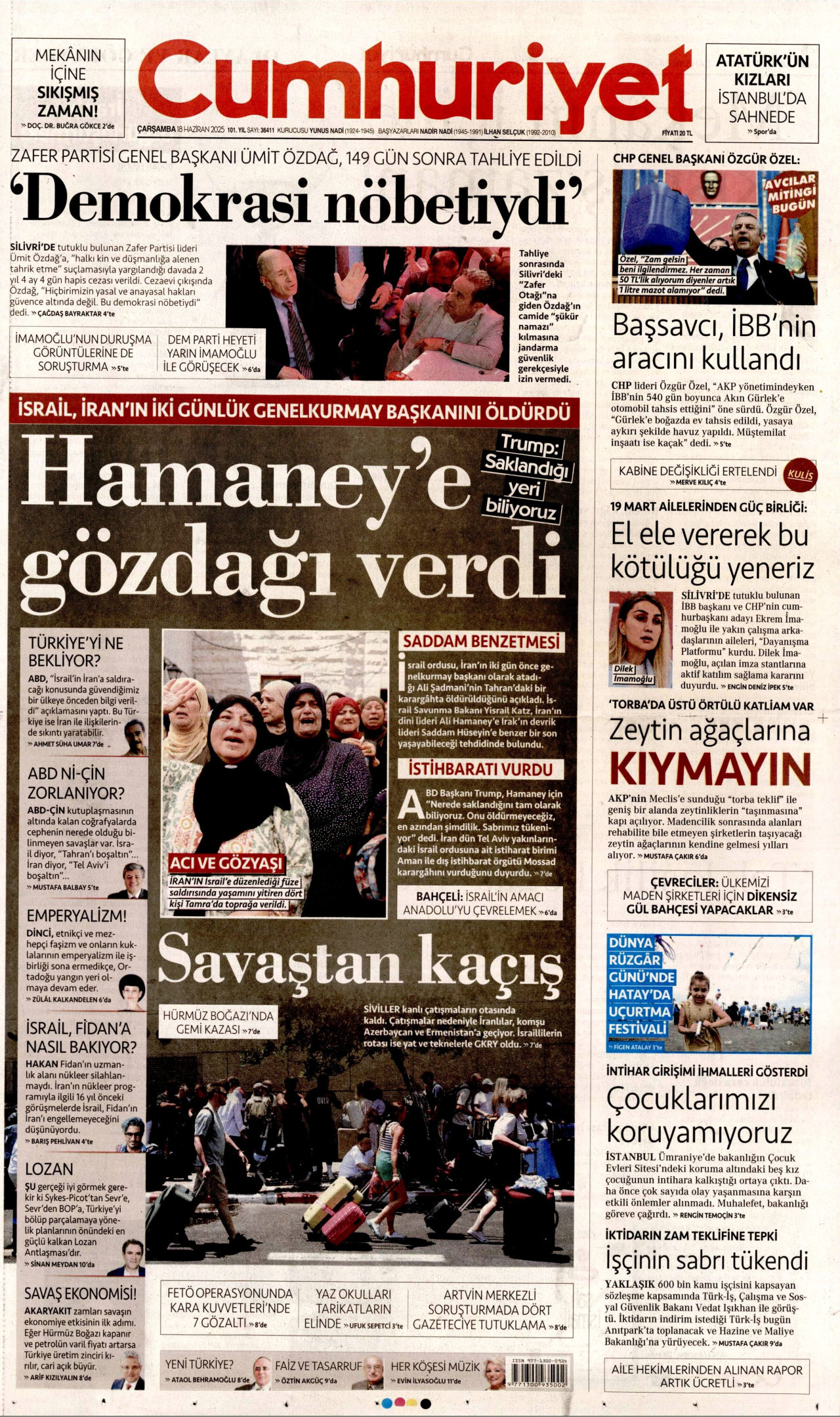 CUMHURİYET gazetesinin 18 Haziran 2025 tarihli birinci sayfası