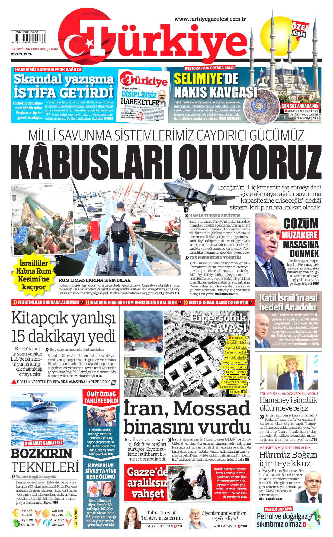 TÜRKİYE GAZETESİ gazetesinin 18 Haziran 2025 tarihli birinci sayfası
