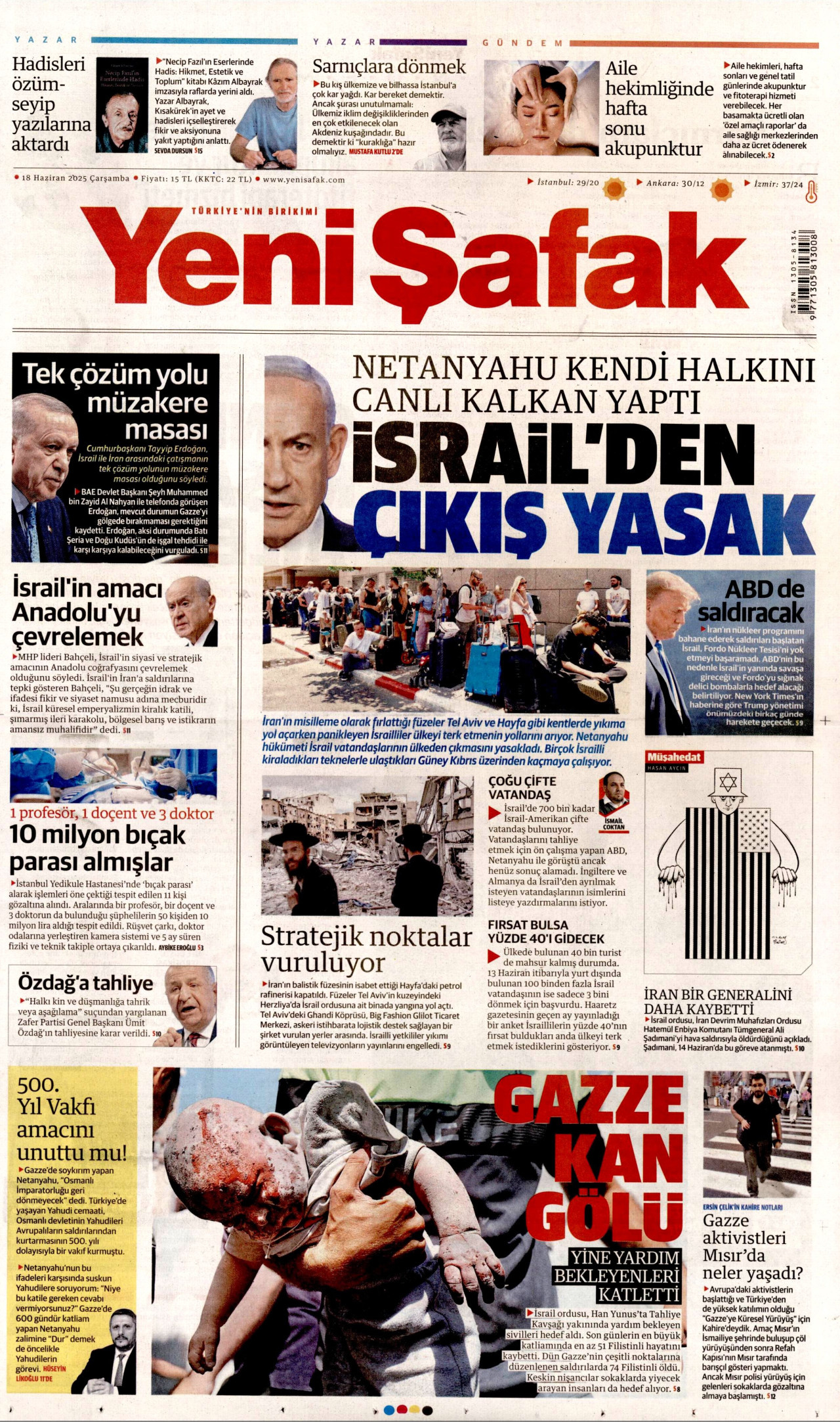 YENİ ŞAFAK gazetesinin 18 Haziran 2025 tarihli birinci sayfası