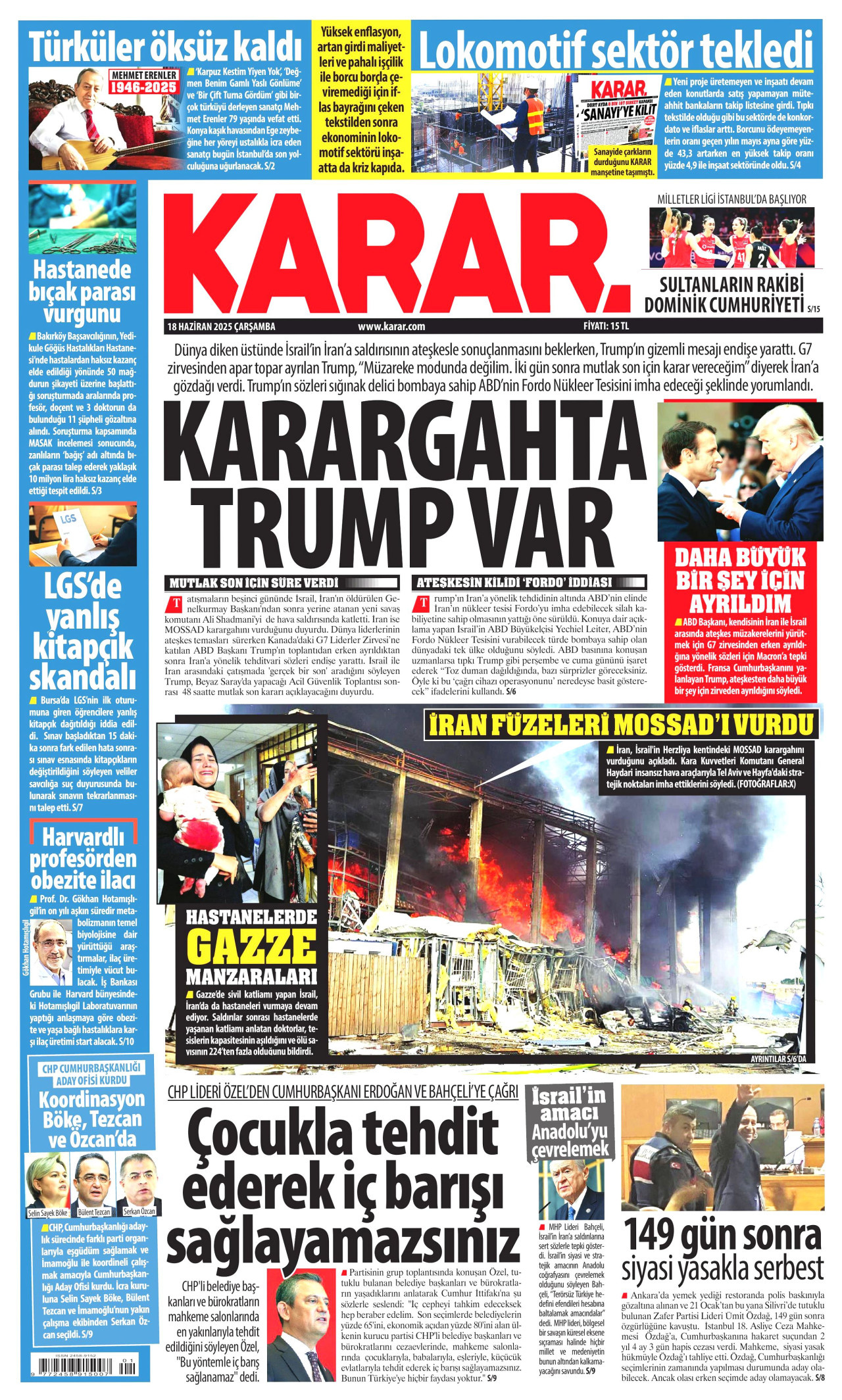 KARAR gazetesinin 18 Haziran 2025 tarihli birinci sayfası