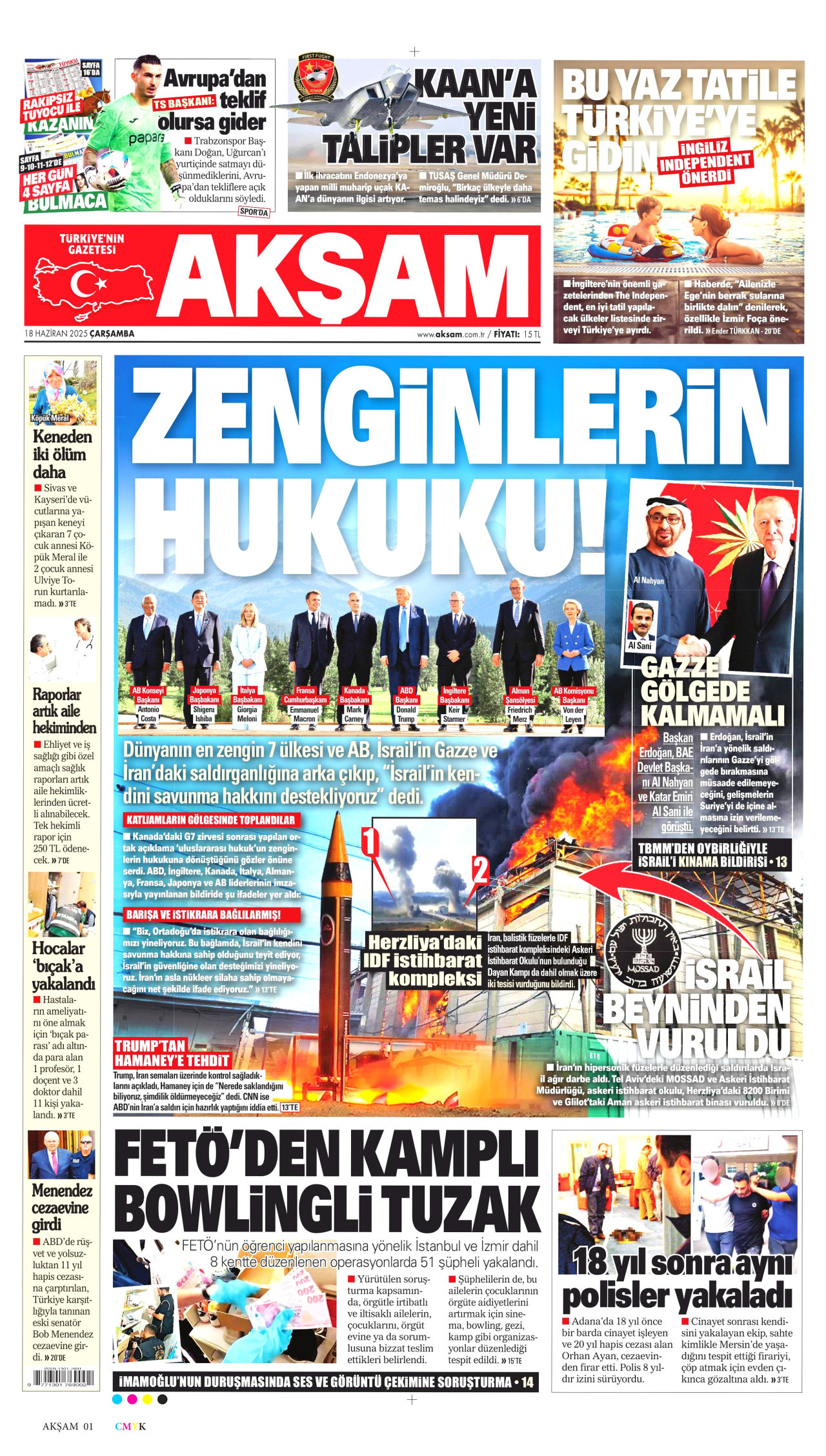 AKŞAM gazetesinin 18 Haziran 2025 tarihli birinci sayfası