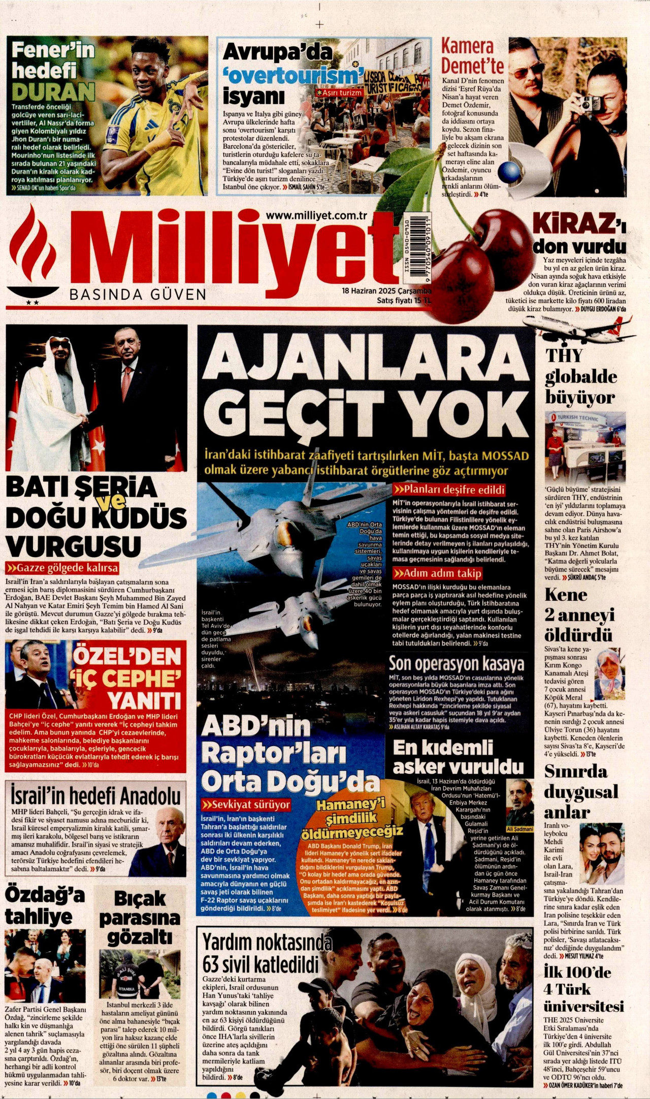 MİLLİYET gazetesinin 18 Haziran 2025 tarihli birinci sayfası