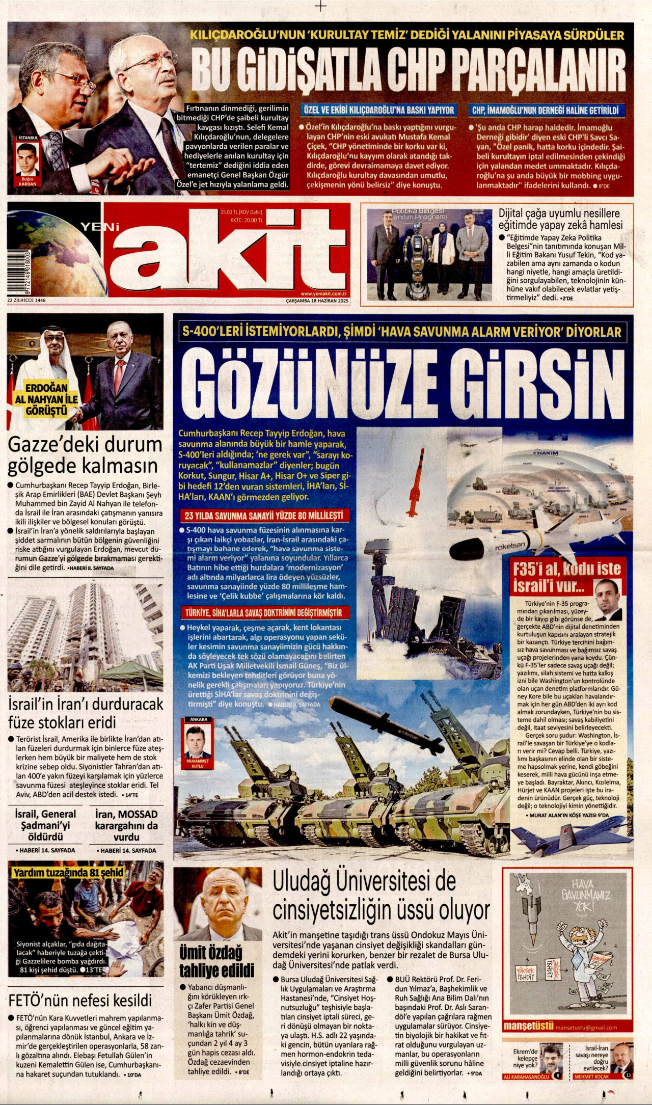 YENİ AKİT gazetesinin 18 Haziran 2025 tarihli birinci sayfası