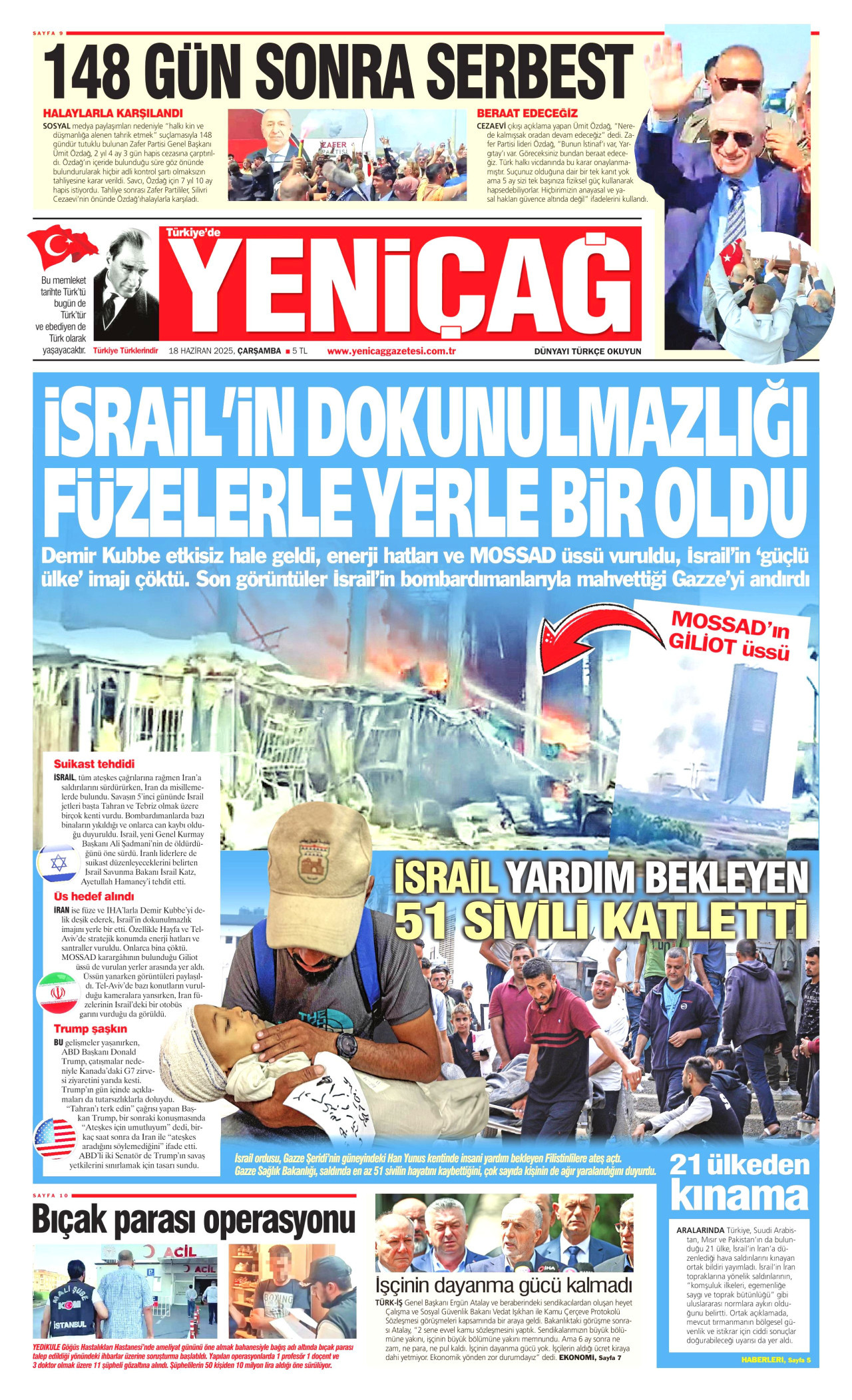 YENİÇAĞ gazetesinin 18 Haziran 2025 tarihli birinci sayfası