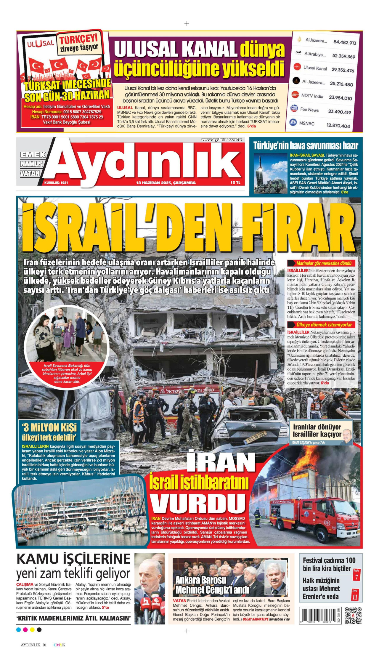 AYDINLIK GAZETESİ gazetesinin 18 Haziran 2025 tarihli birinci sayfası