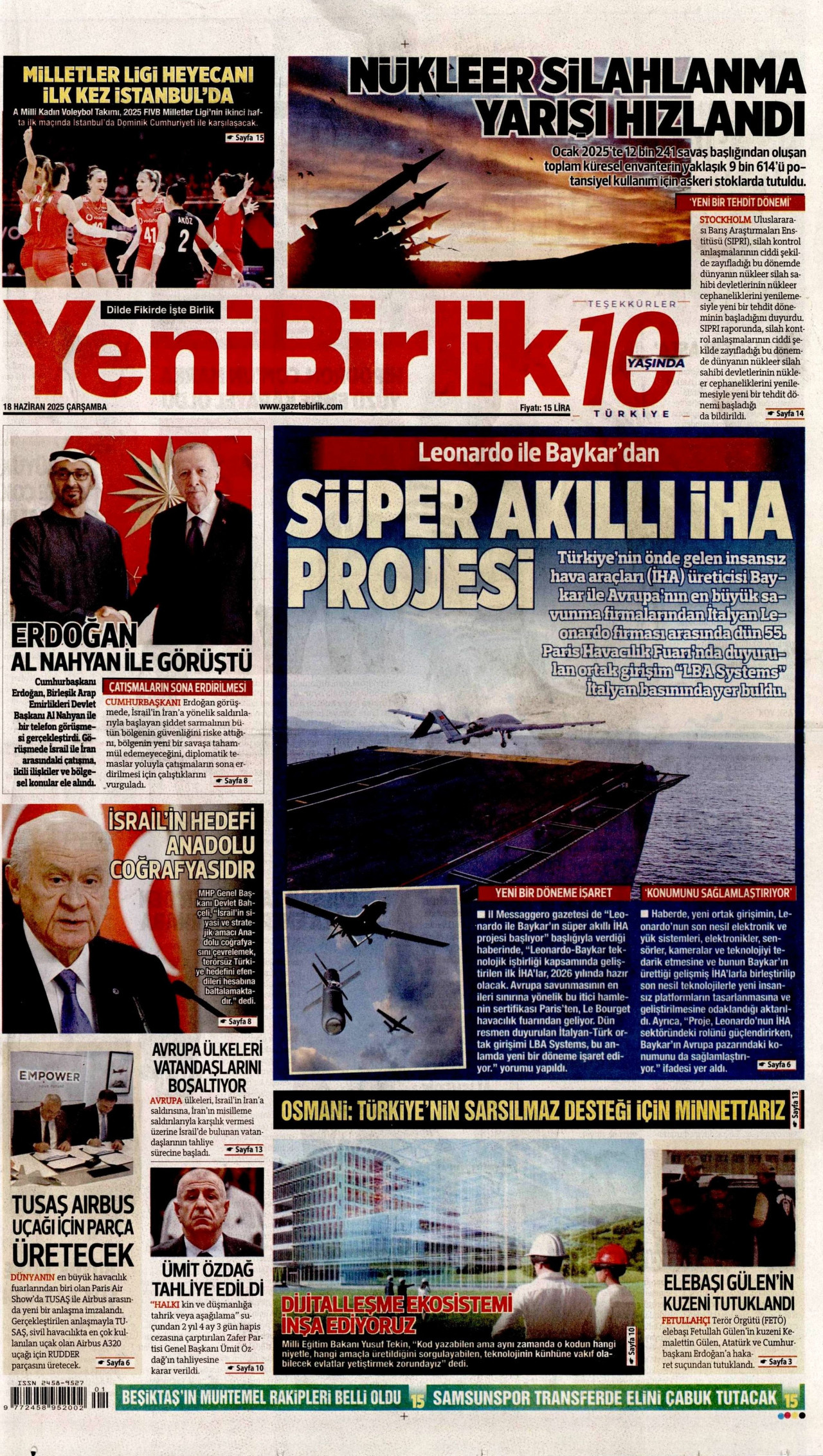 YENİBİRLİK gazetesinin 18 Haziran 2025 tarihli birinci sayfası