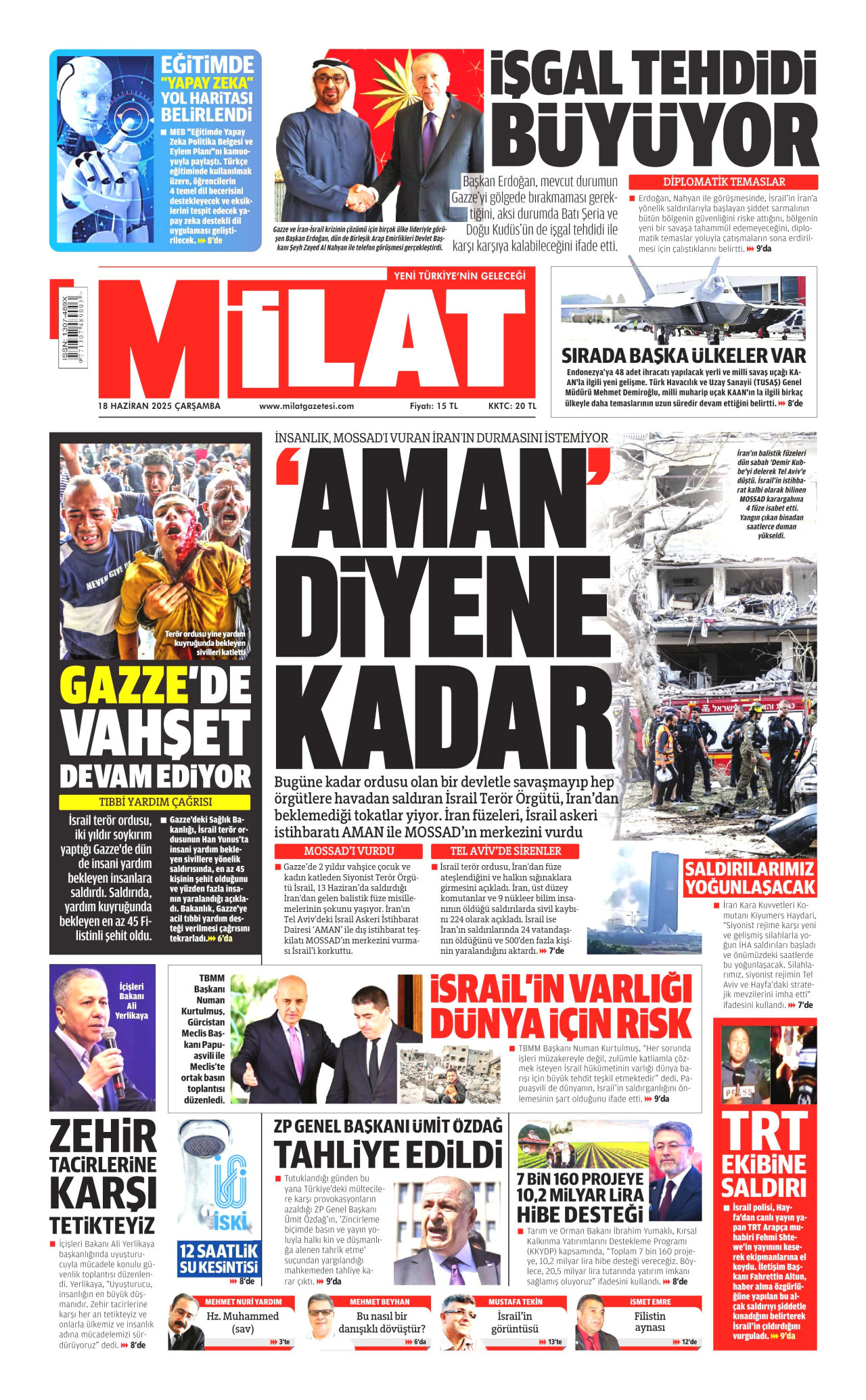 MİLAT gazetesinin 18 Haziran 2025 tarihli birinci sayfası