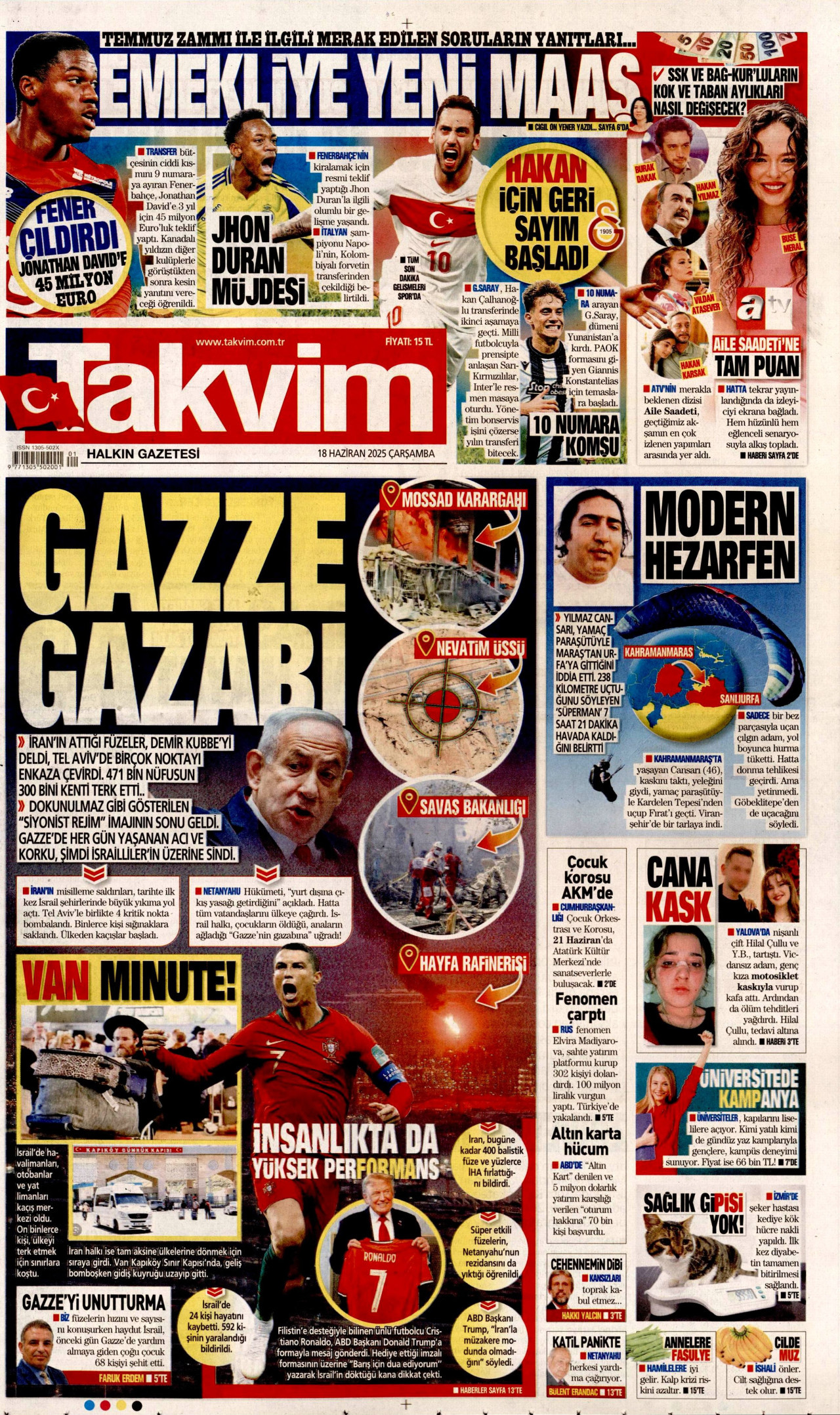 TAKVİM gazetesinin 18 Haziran 2025 tarihli birinci sayfası