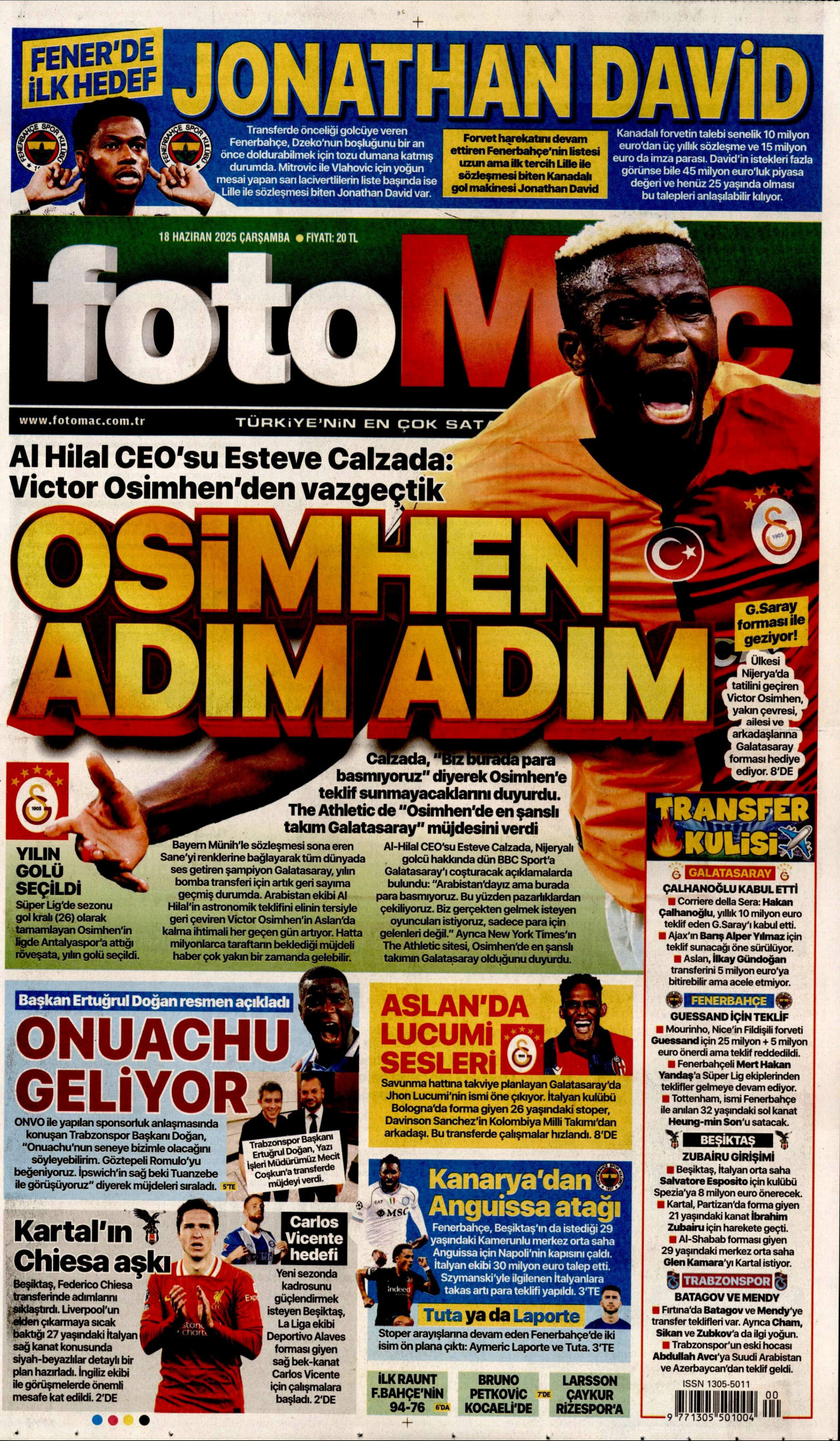 FOTOMAÇ gazetesinin 18 Haziran 2025 tarihli birinci sayfası