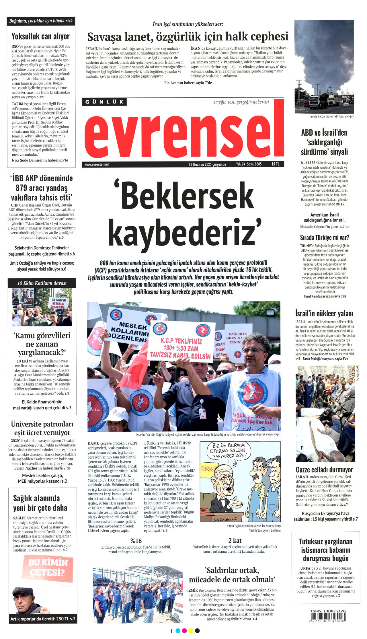 EVRENSEL gazetesinin 18 Haziran 2025 tarihli birinci sayfası