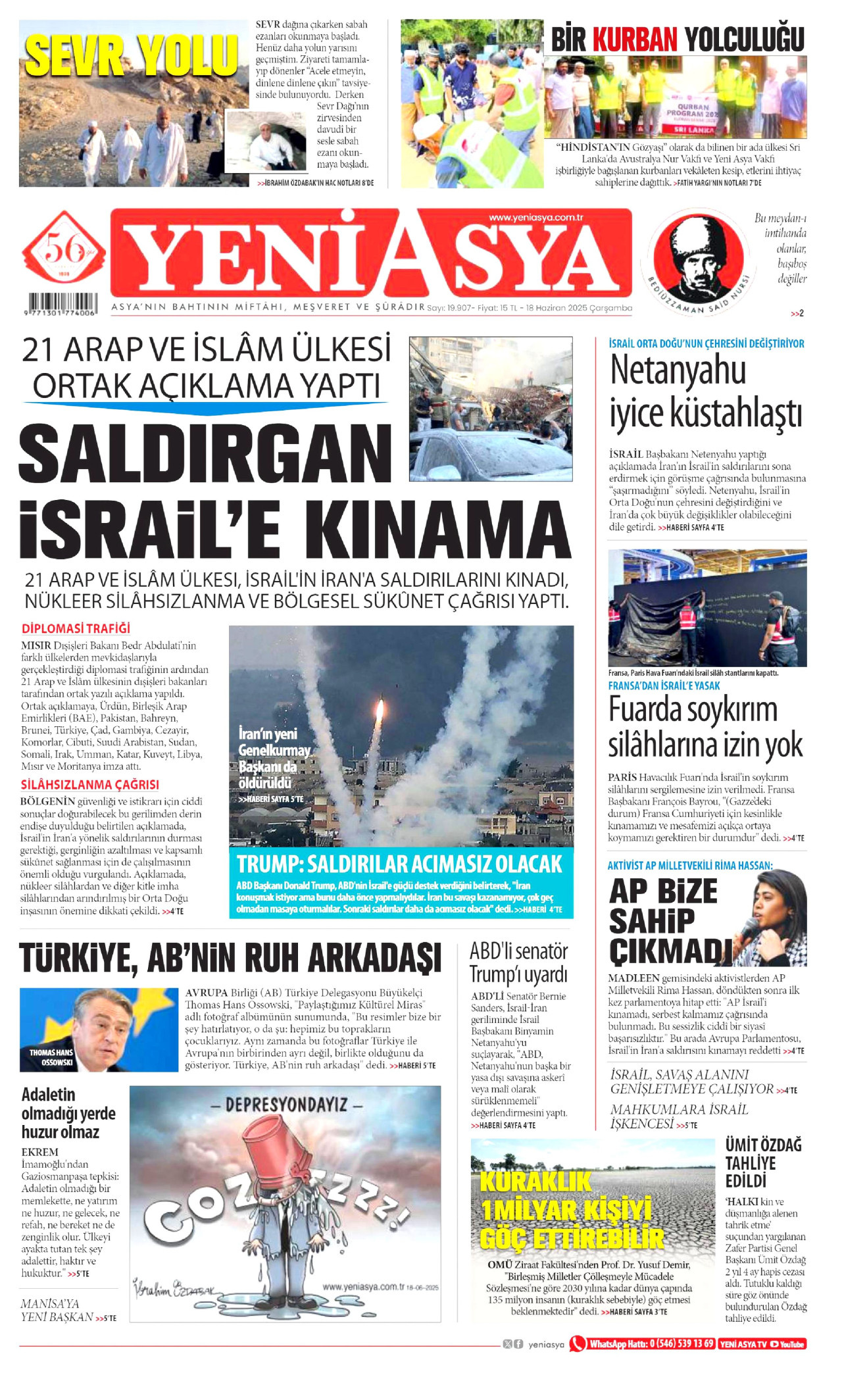 YENİ ASYA gazetesinin 18 Haziran 2025 tarihli birinci sayfası