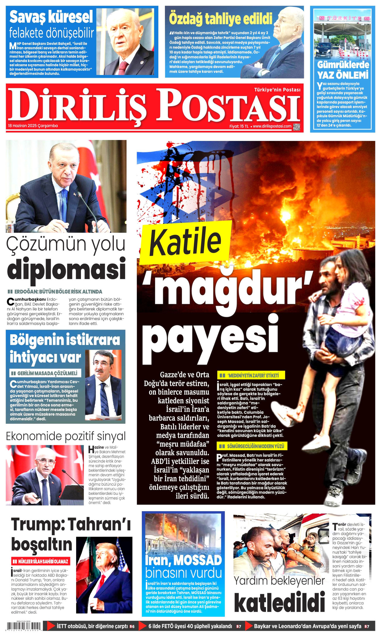 DİRİLİŞ POSTASI gazetesinin 18 Haziran 2025 tarihli birinci sayfası