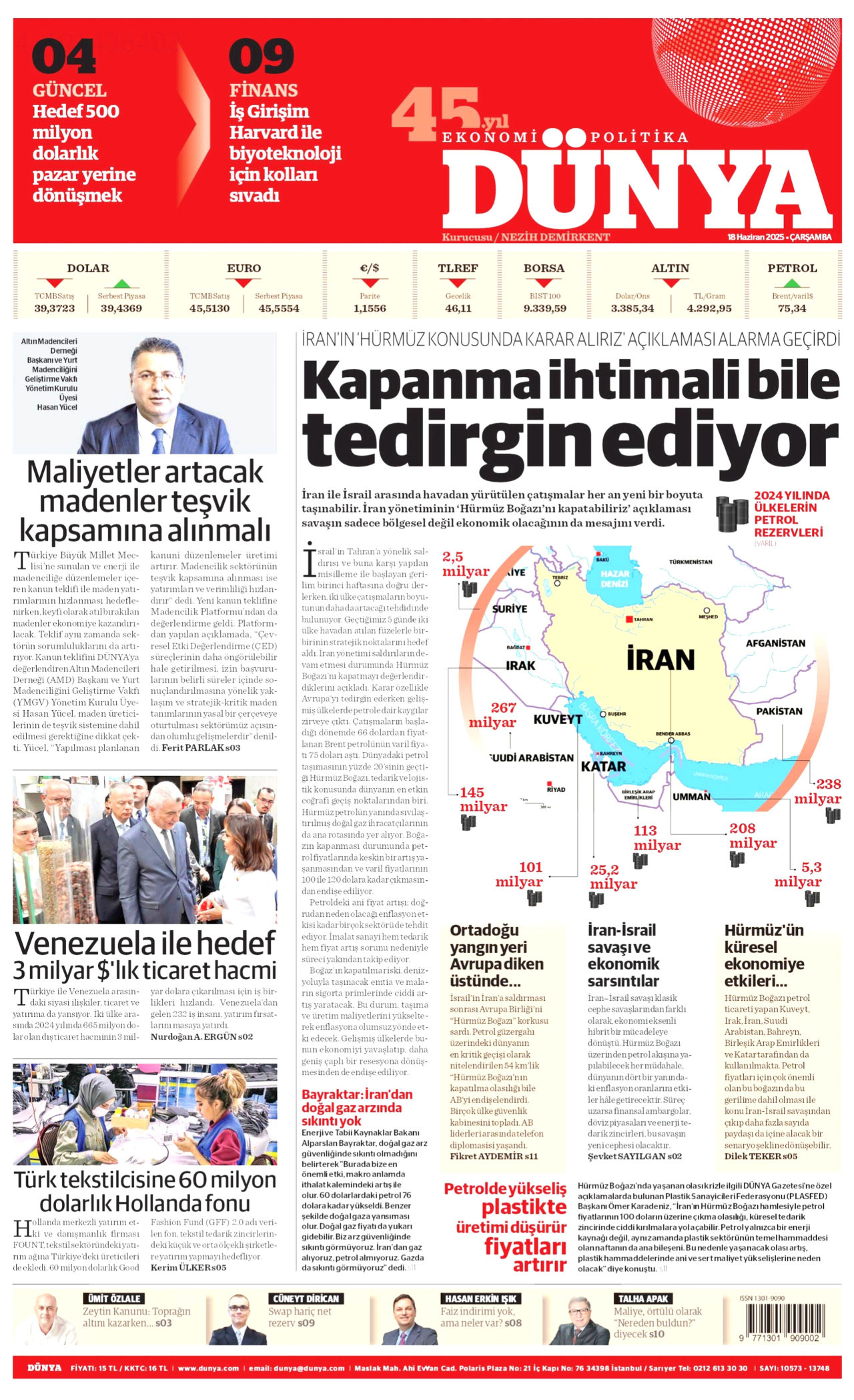 DÜNYA gazetesinin 18 Haziran 2025 tarihli birinci sayfası