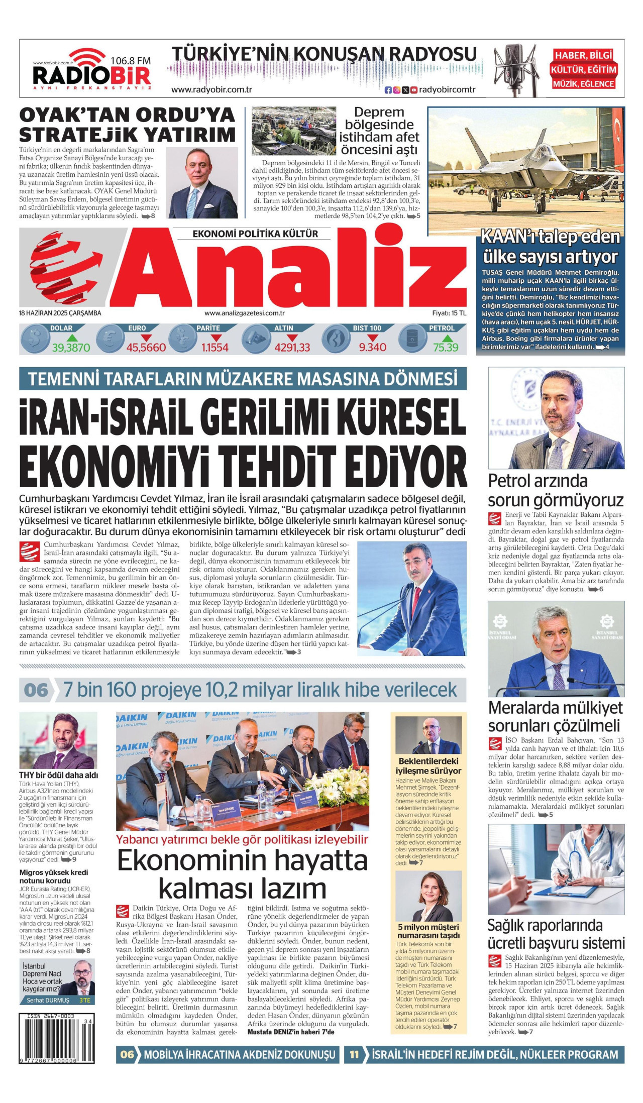 ANALİZ gazetesinin 18 Haziran 2025 tarihli birinci sayfası