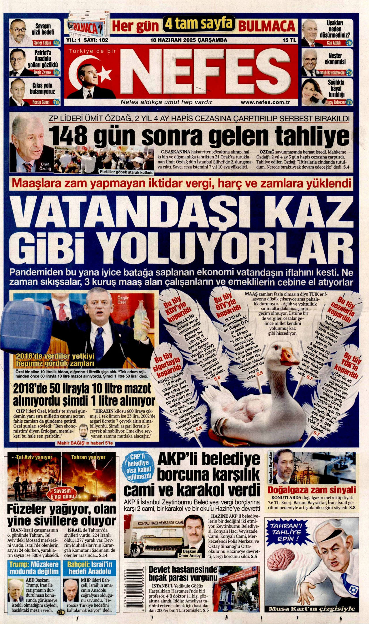 NEFES gazetesinin 18 Haziran 2025 tarihli birinci sayfası
