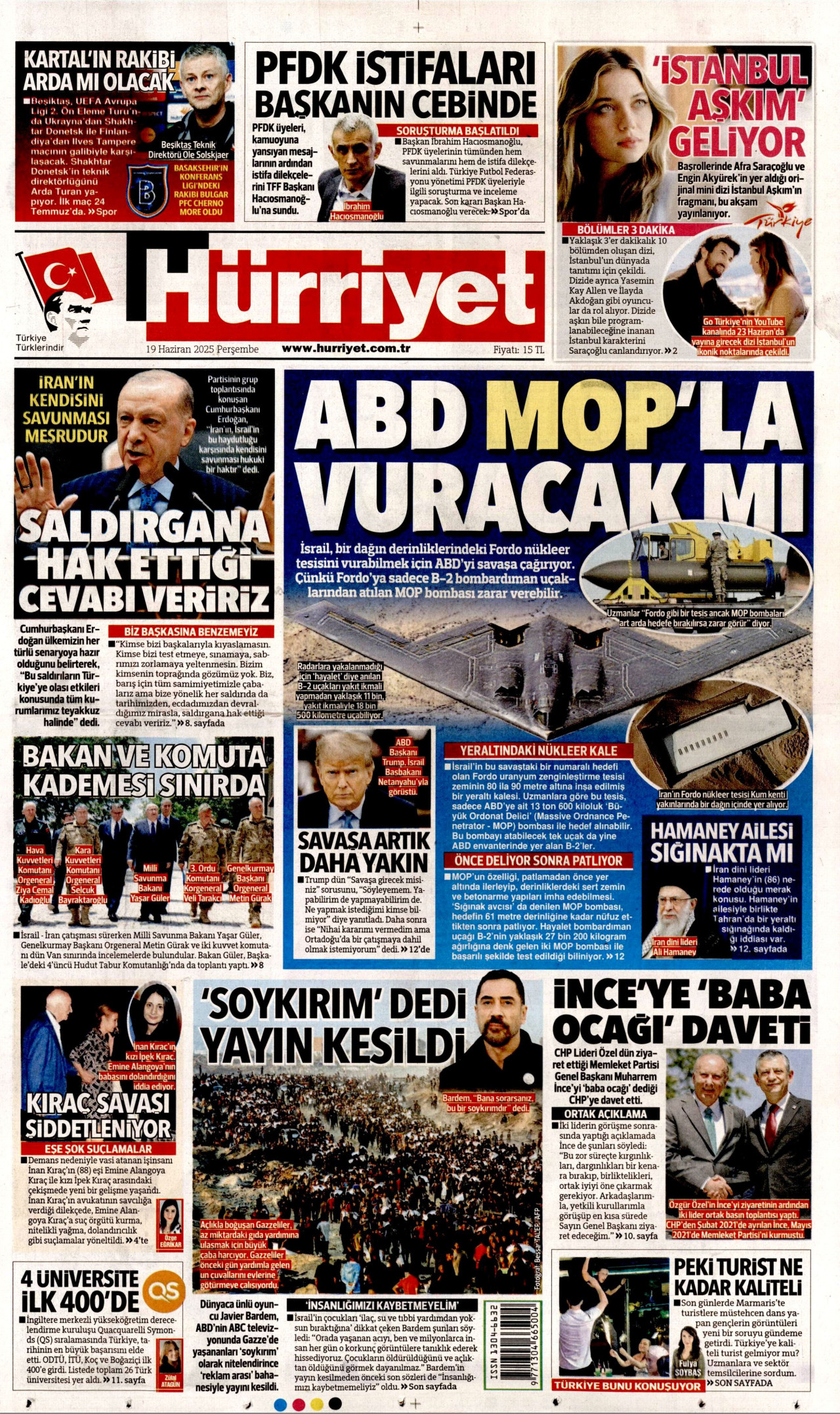 HÜRRİYET gazetesinin 19 Haziran 2025 tarihli birinci sayfası