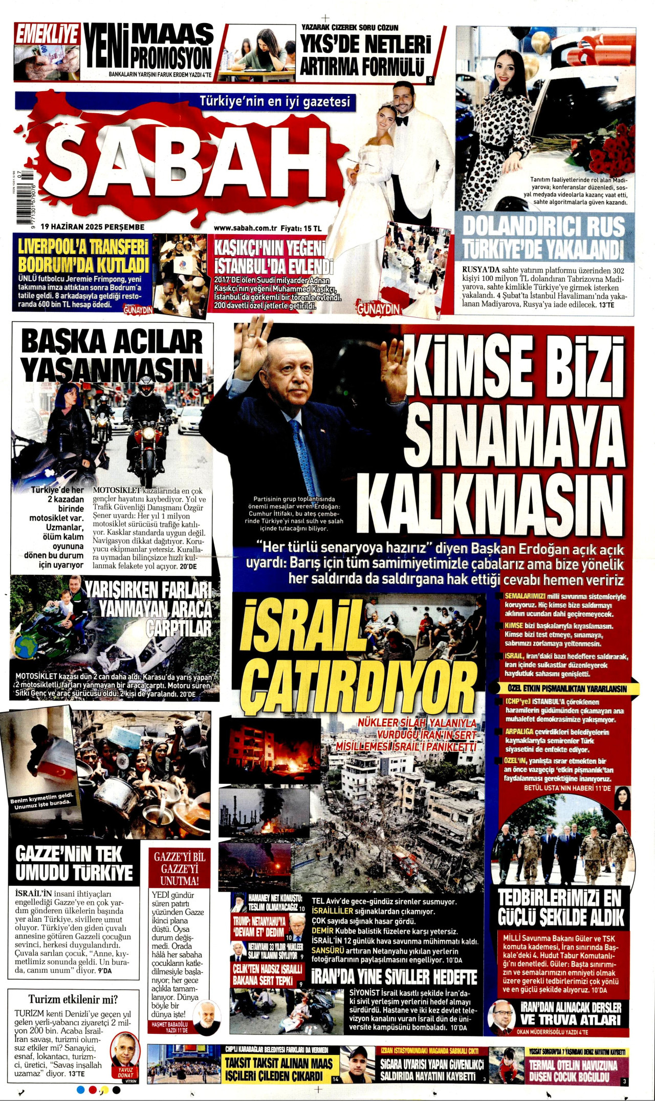 SABAH gazetesinin 19 Haziran 2025 tarihli birinci sayfası