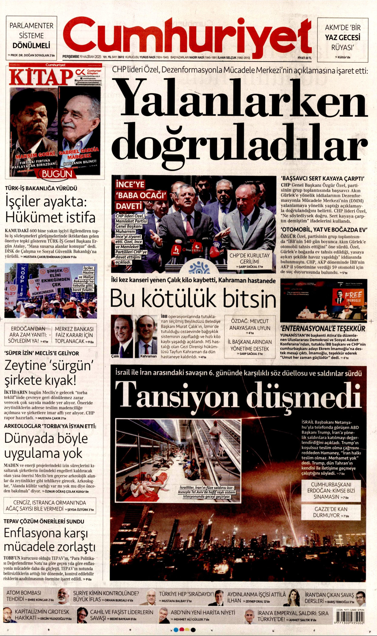 CUMHURİYET gazetesinin 19 Haziran 2025 tarihli birinci sayfası