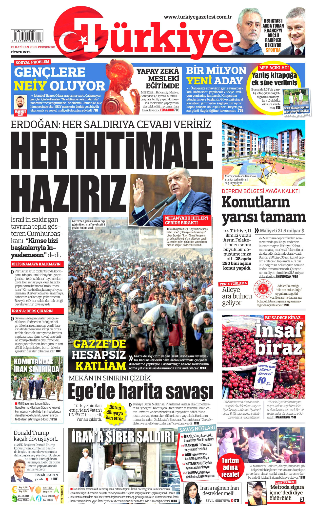 TÜRKİYE GAZETESİ gazetesinin 19 Haziran 2025 tarihli birinci sayfası