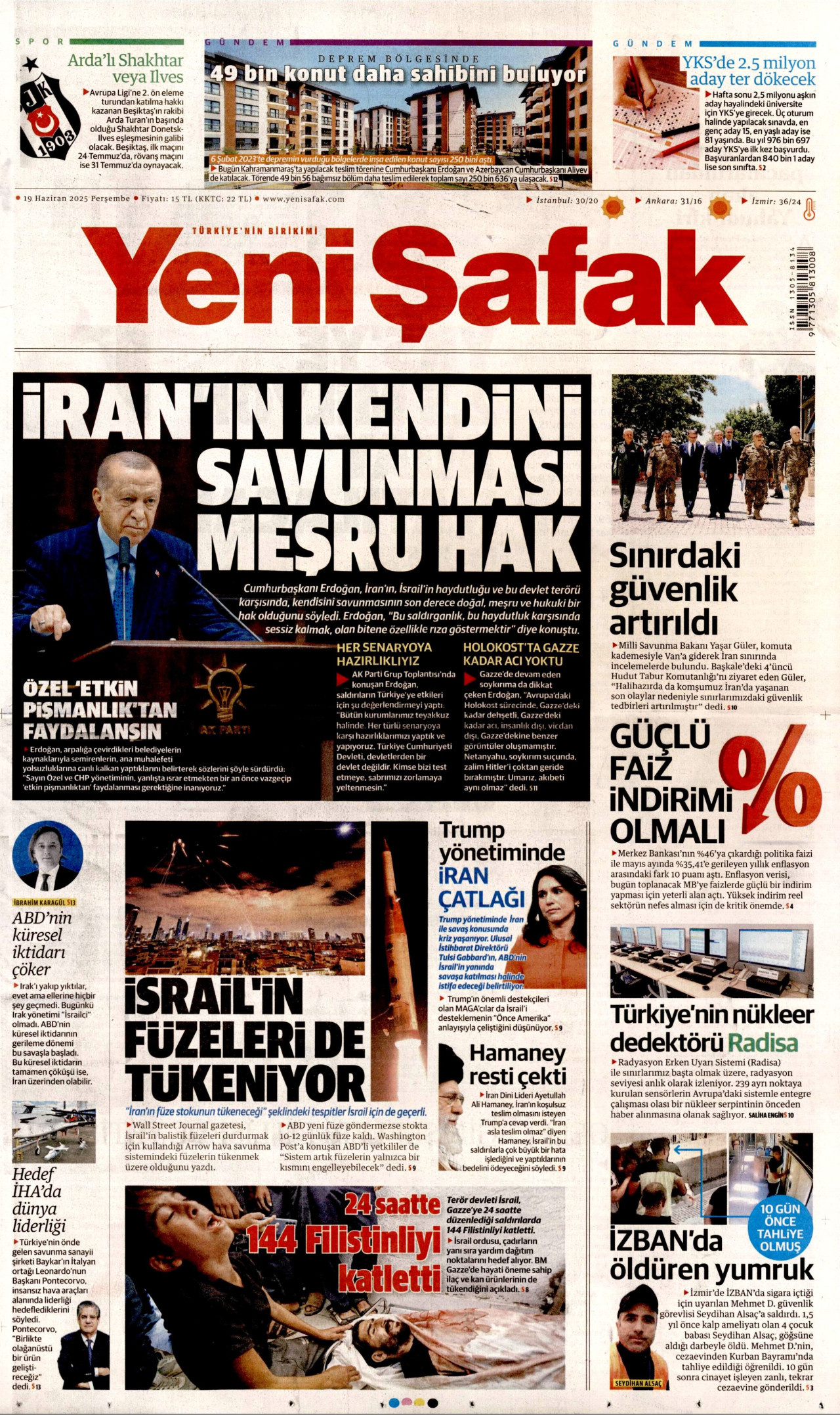 YENİ ŞAFAK gazetesinin 19 Haziran 2025 tarihli birinci sayfası