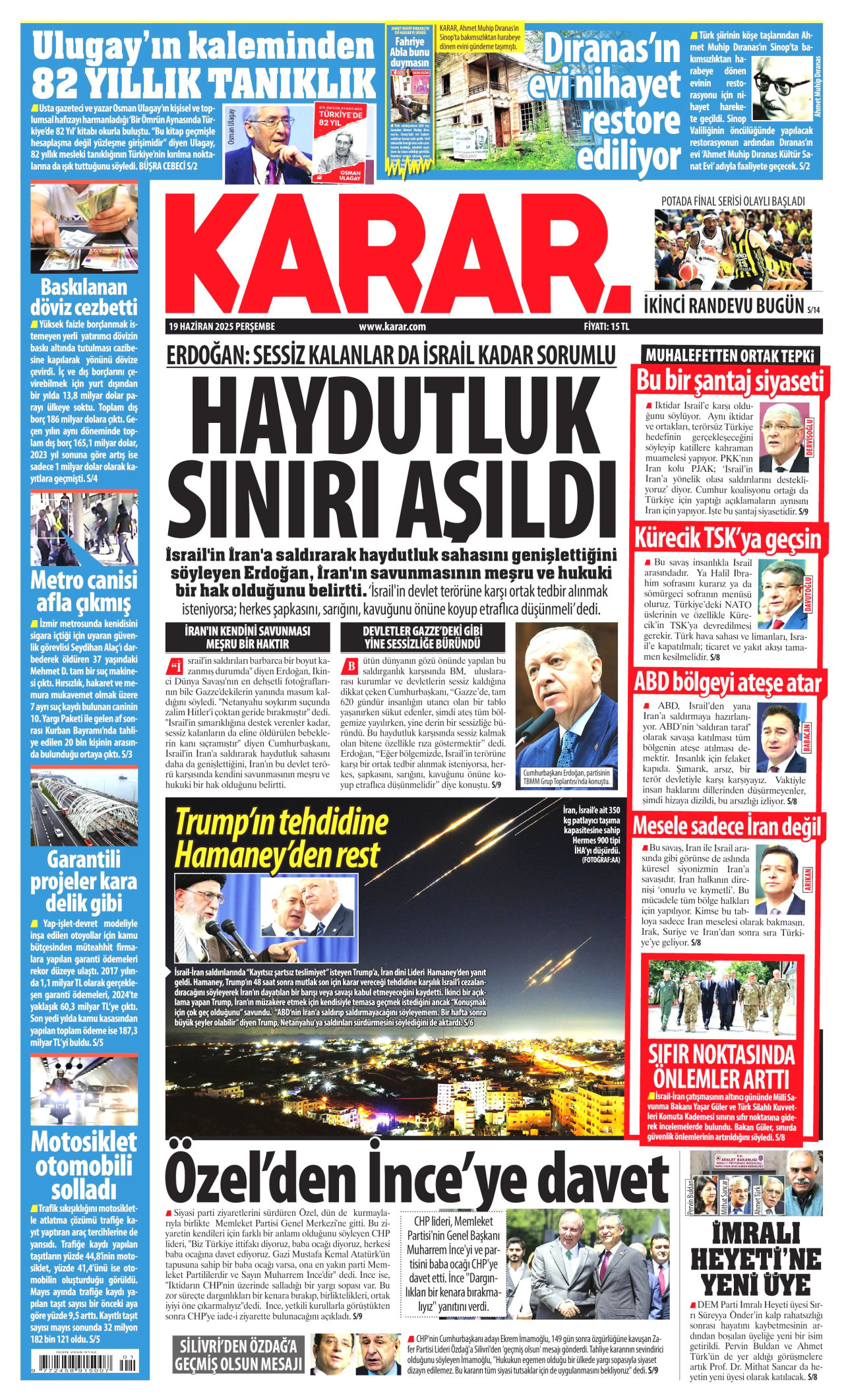 KARAR gazetesinin 19 Haziran 2025 tarihli birinci sayfası